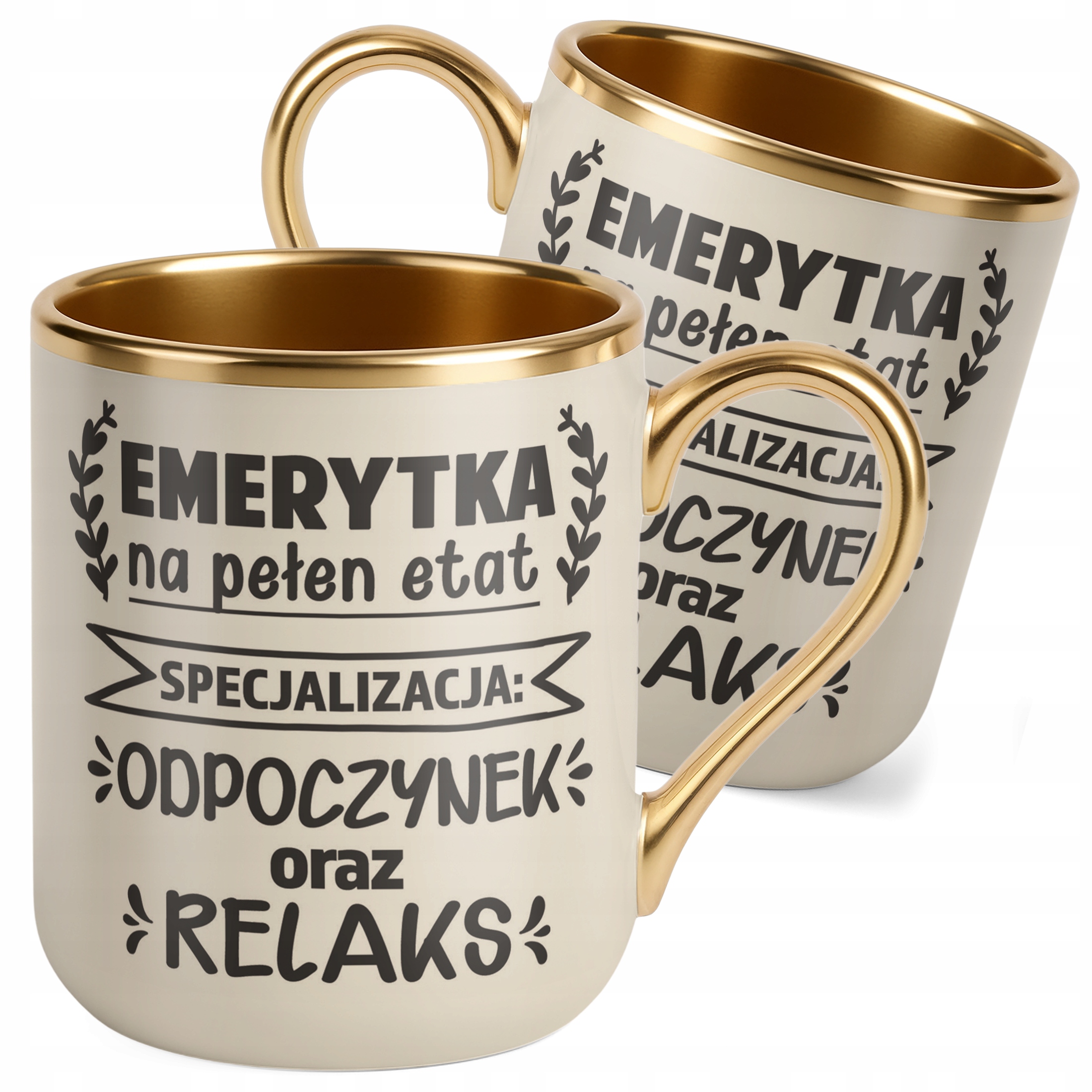 Kubek Premium Złoty Ecru Z okazji Emerytury Dla Emerytki Prezent