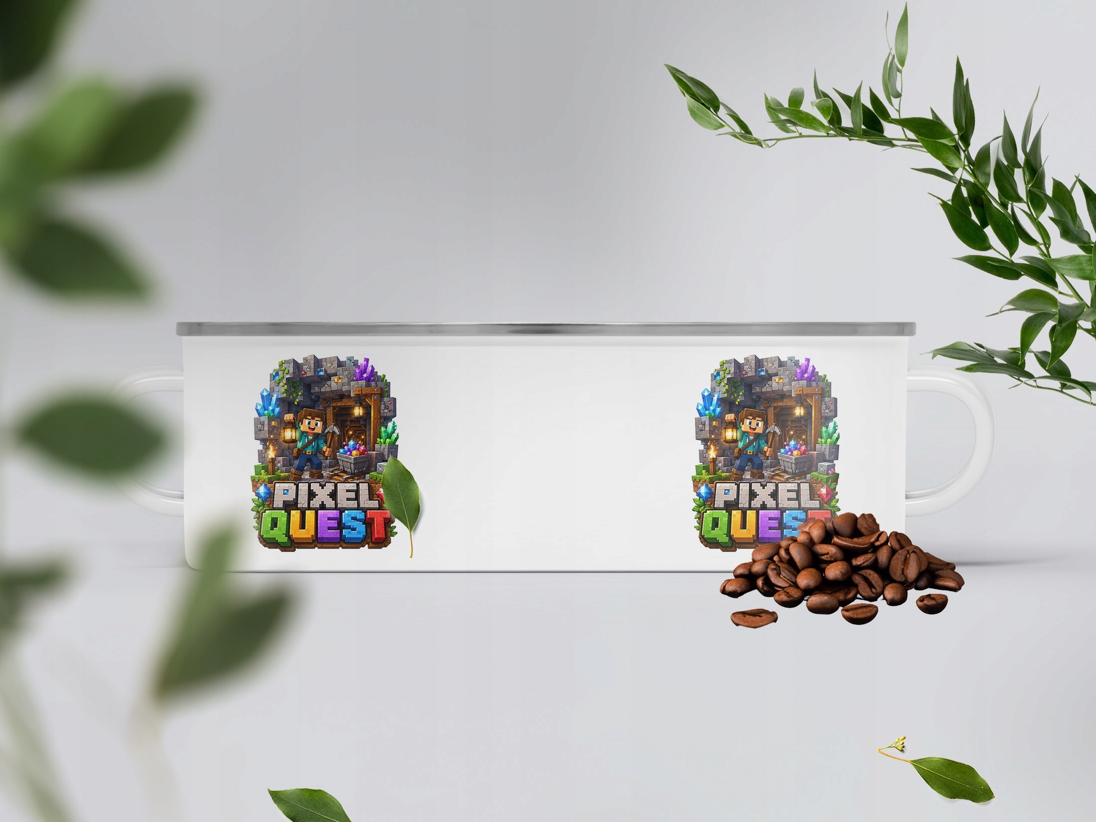 Kubek Emaliowany PIXEL Gra z Nadrukiem Biały Metalowy Prezent