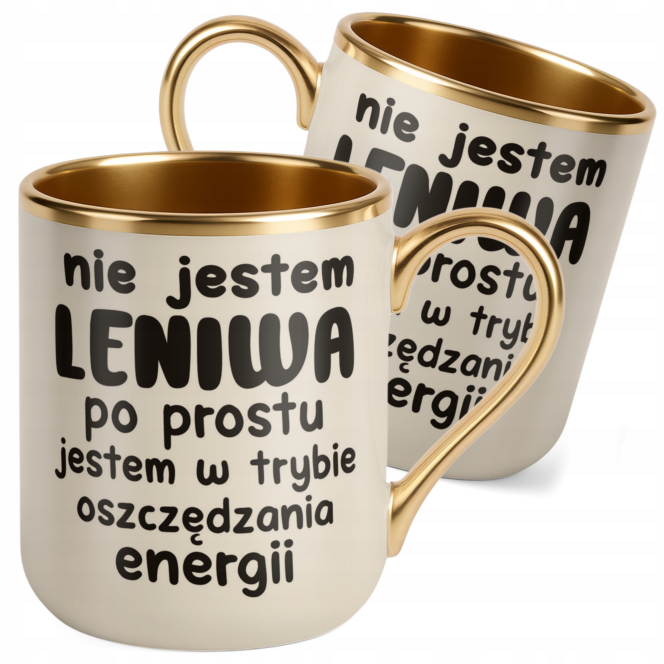 Kubek Premium Złoty Ecru Nie Jestem Leniwa Śmieszny Zabawny