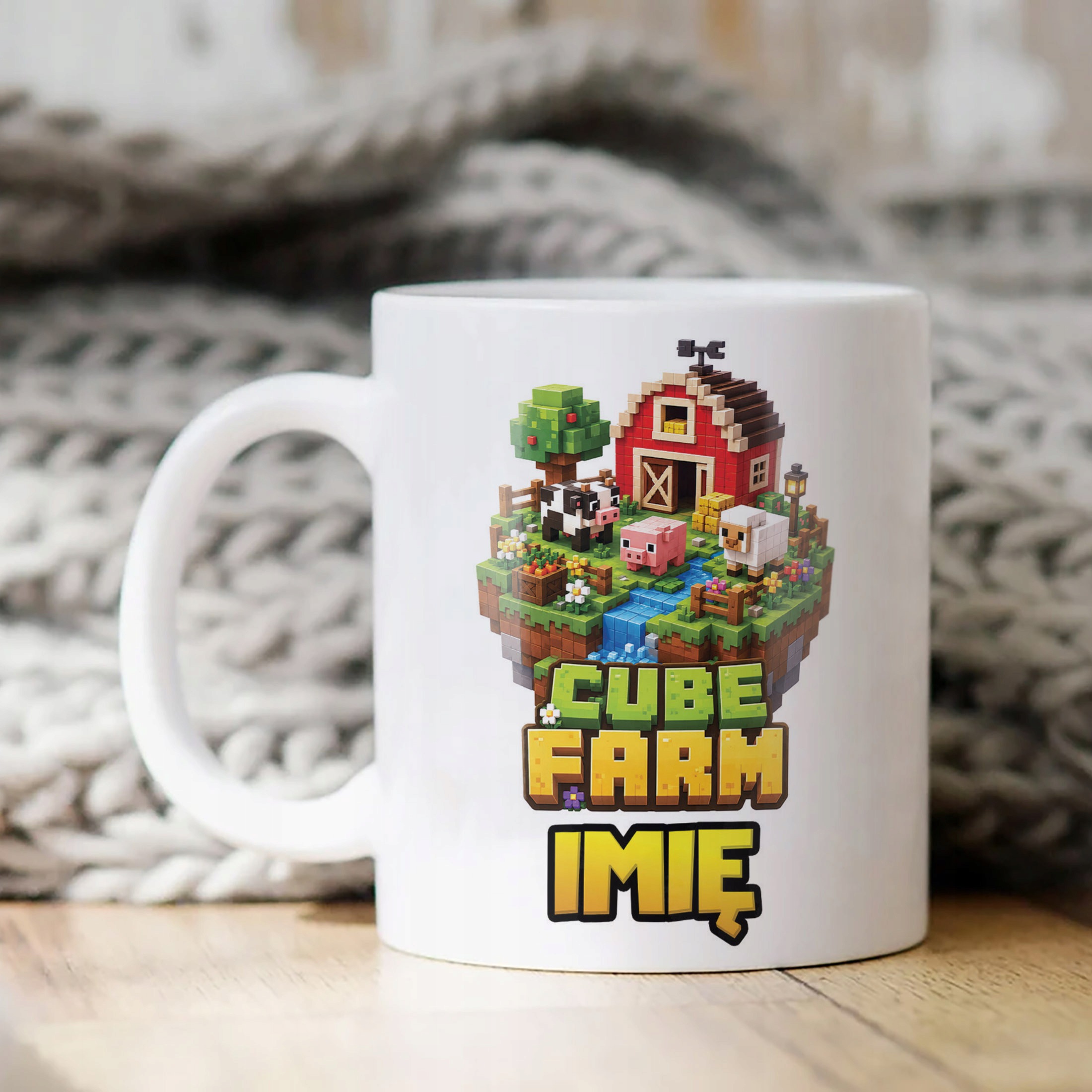 Biały Kubek z nadrukiem personalizowany CUBE FARM Dla Dzieci Prezent