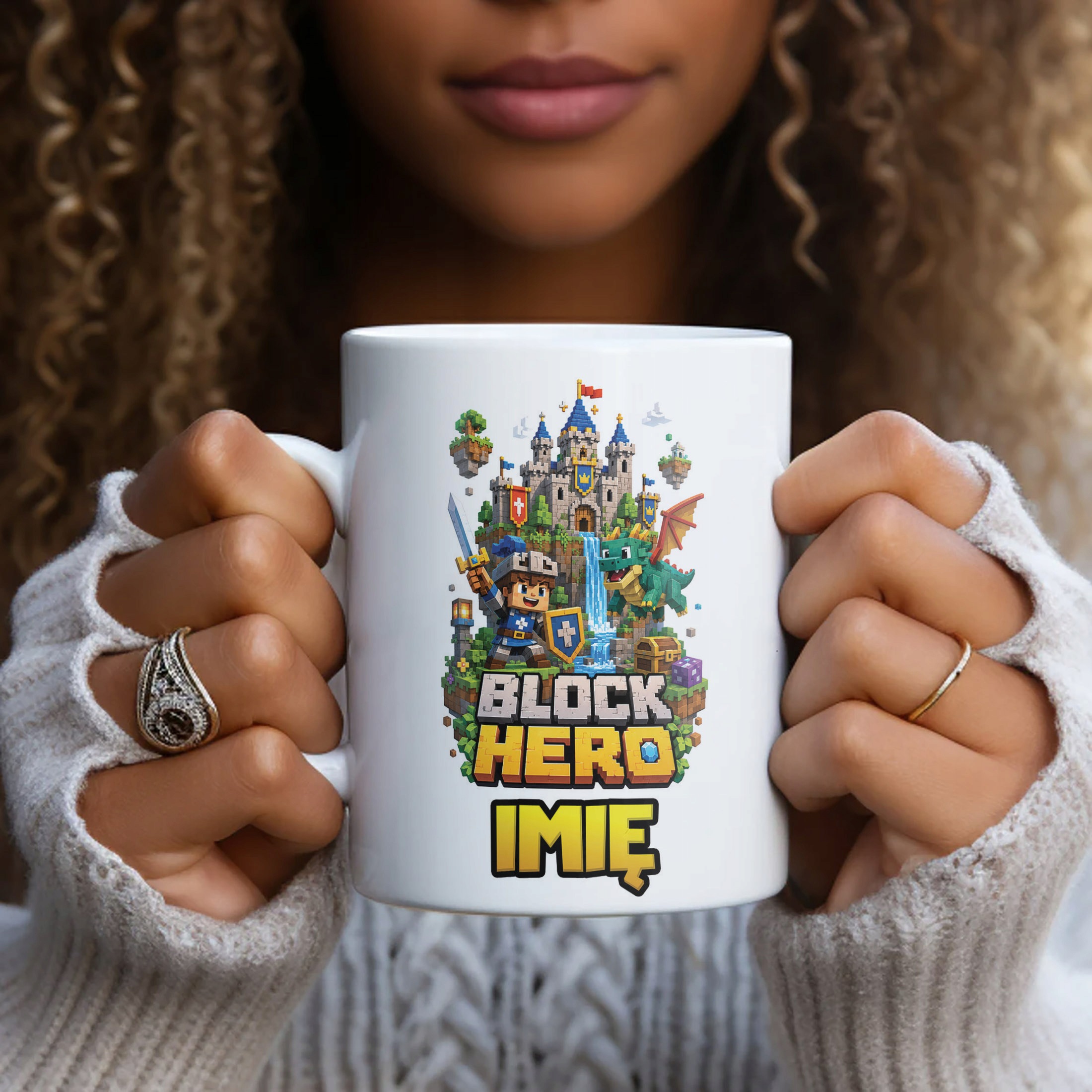 Biały Kubek z nadrukiem personalizowany BLOCK HERO Gra Dla Dzieci Prezent