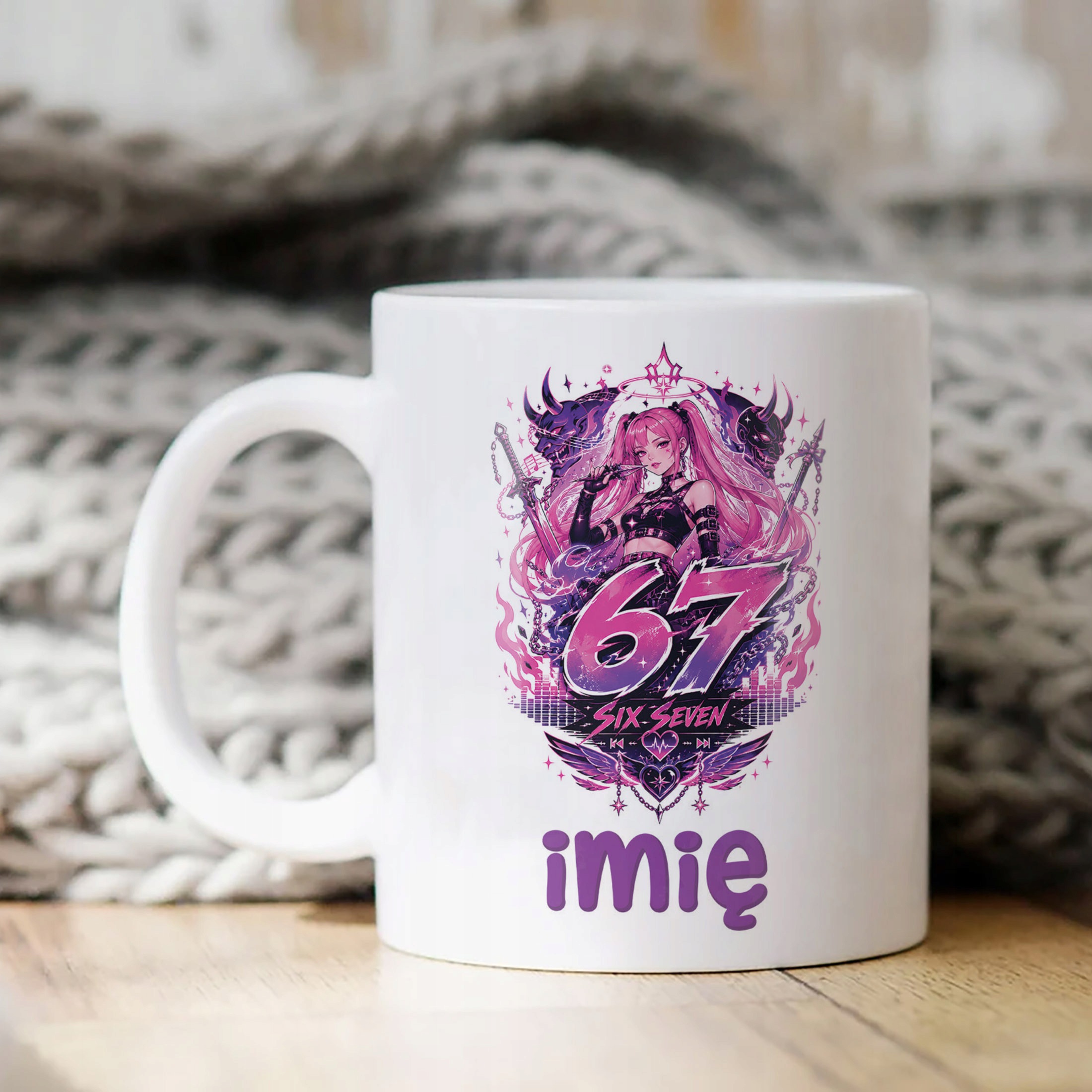 Biały Kubek z nadrukiem personalizowany 67 Kpop Łowczynie Dla Dzieci
