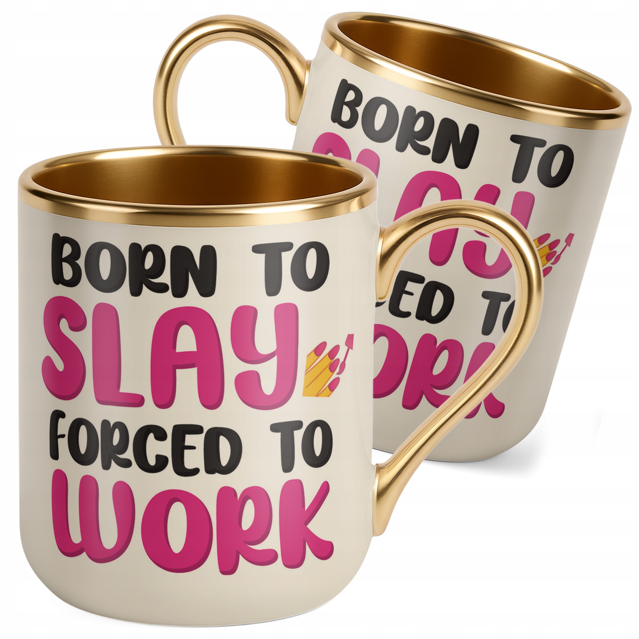 Kubek Premium Złoty Ecru Born To Slay Forced To Work Śmieszny Zabawny