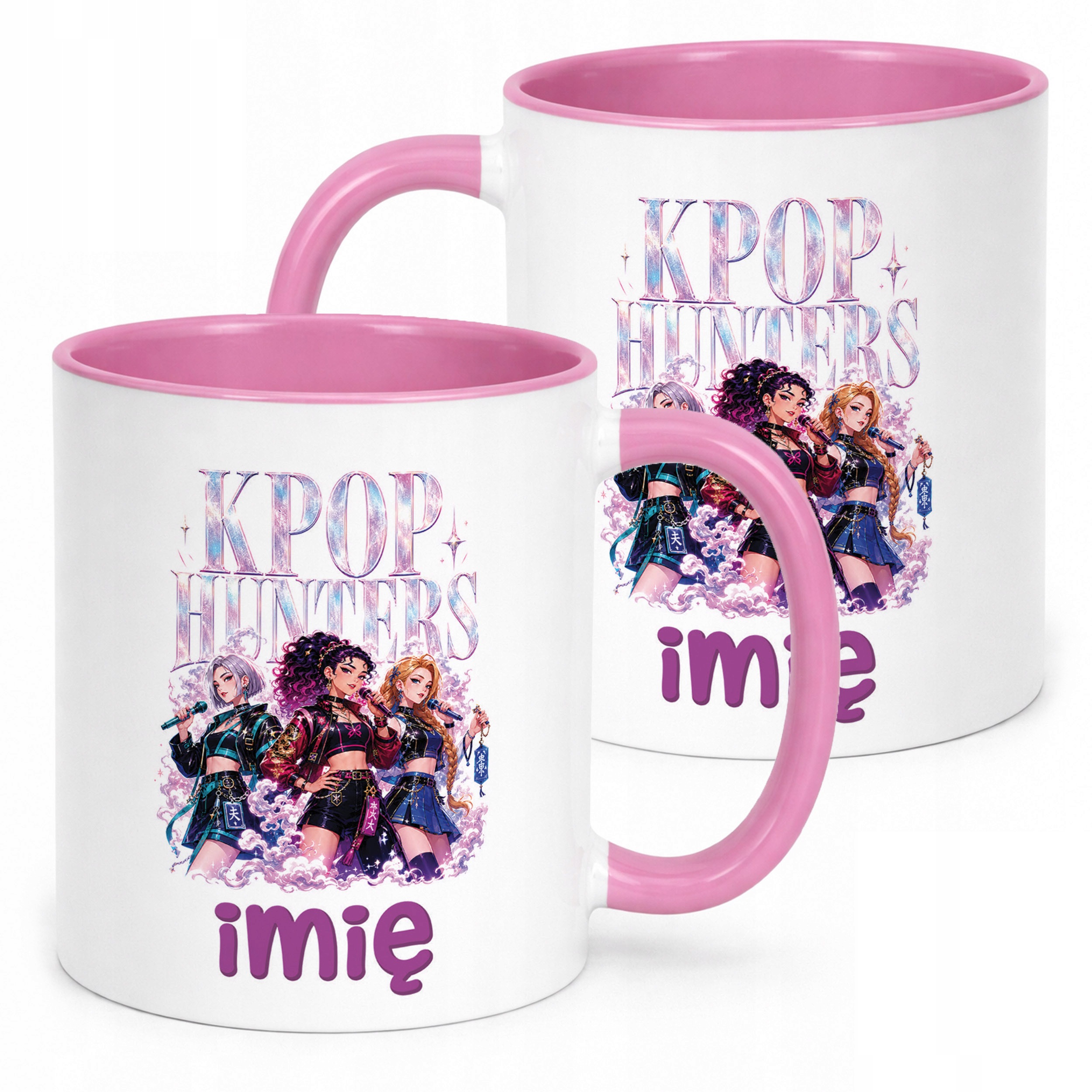 Kubek Różowy z nadrukiem personalizowany ŁOWCZYNIE KPOP Dla Dzieci Prezent