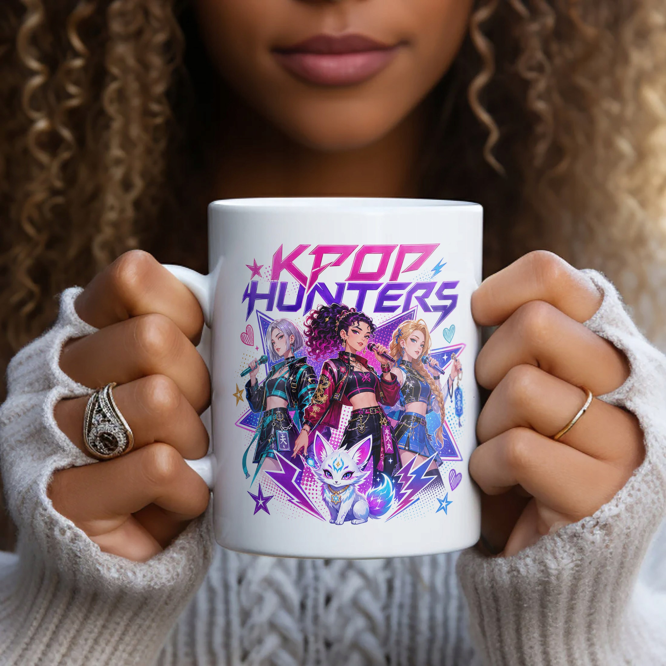 Biały Kubek z nadrukiem ŁOWCZYNIE KPOP Dla Dzieci Prezent Upominek