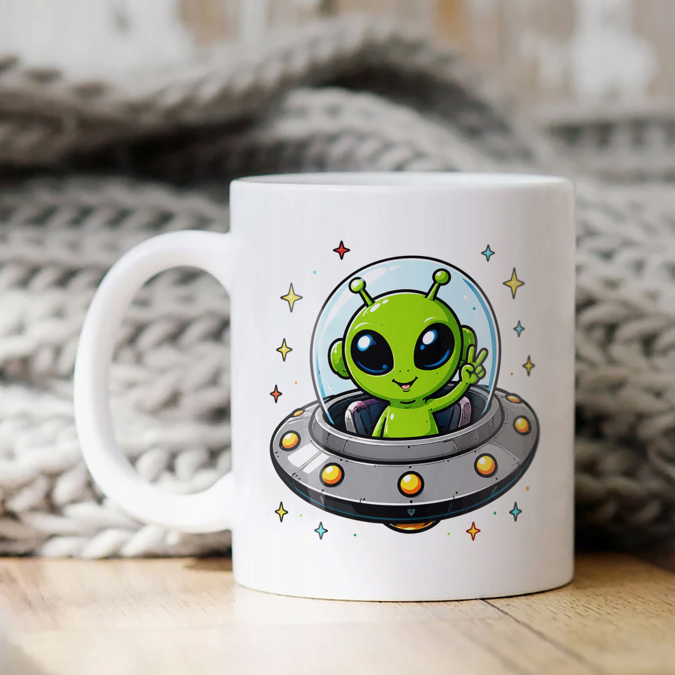 Biały Kubek z nadrukiem Kosmita UFO Dla Dzieci Prezent Upominek