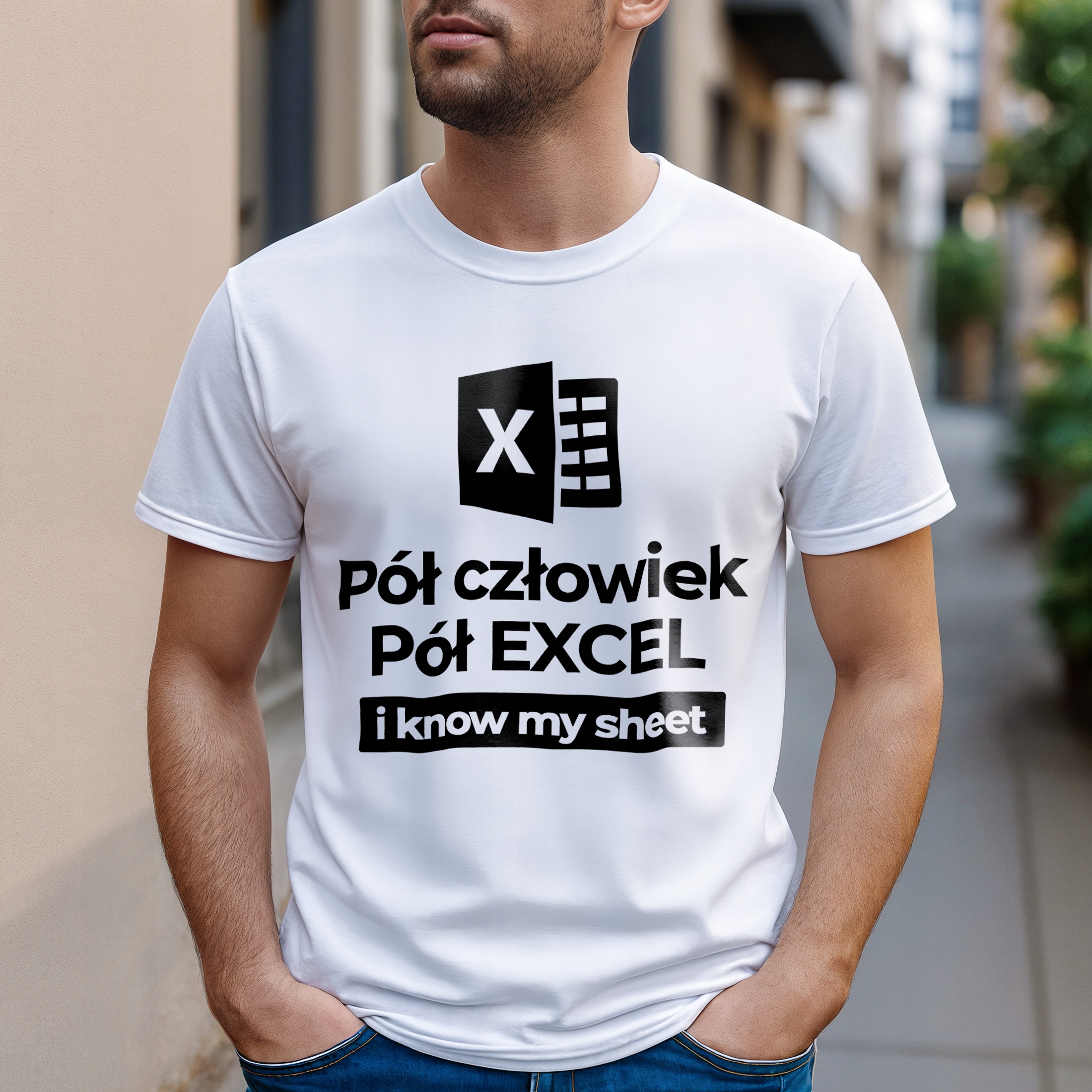 Koszulka biała męska Pół Człowiek Pół Excel Zabawny Prezent