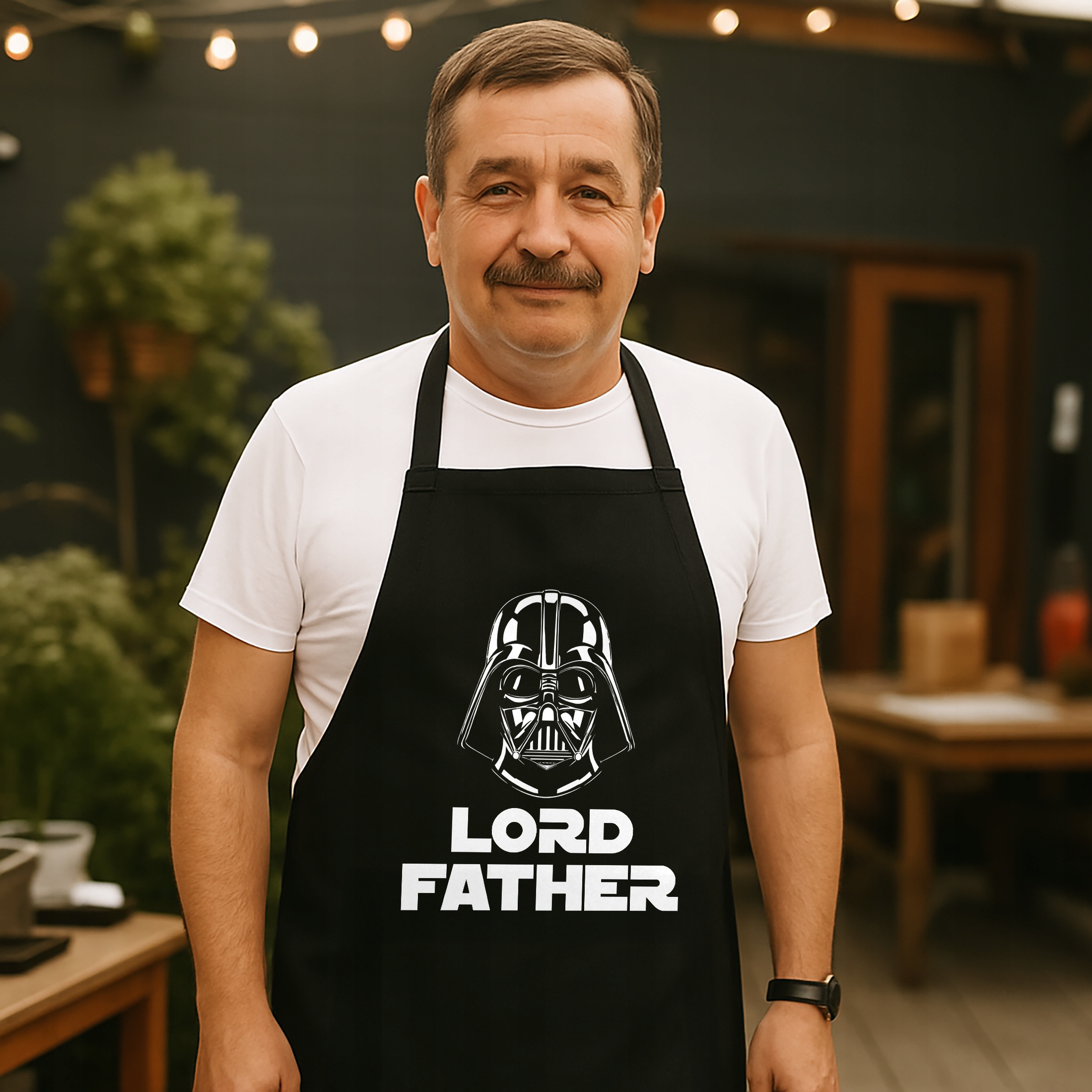 Bawełniany Czarny Fartuch Kuchenny Dzień Ojca Lord Father Z Nadrukiem