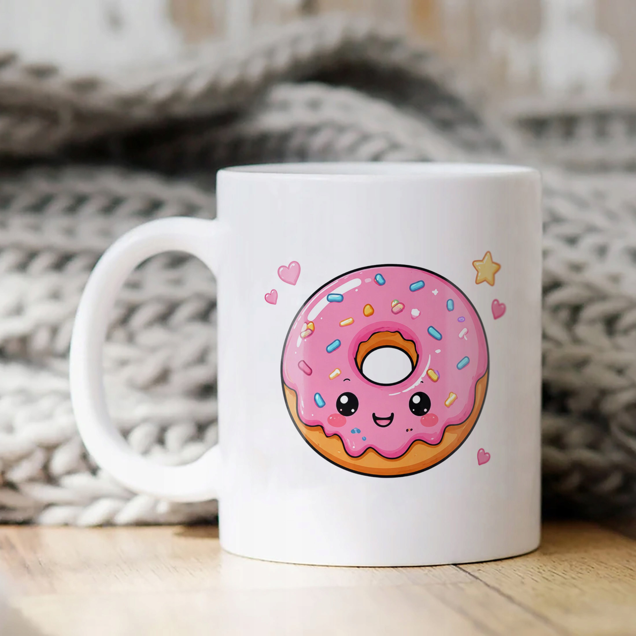 Biały Kubek z nadrukiem Kawaii Pączek Dla Dzieci Prezent Upominek