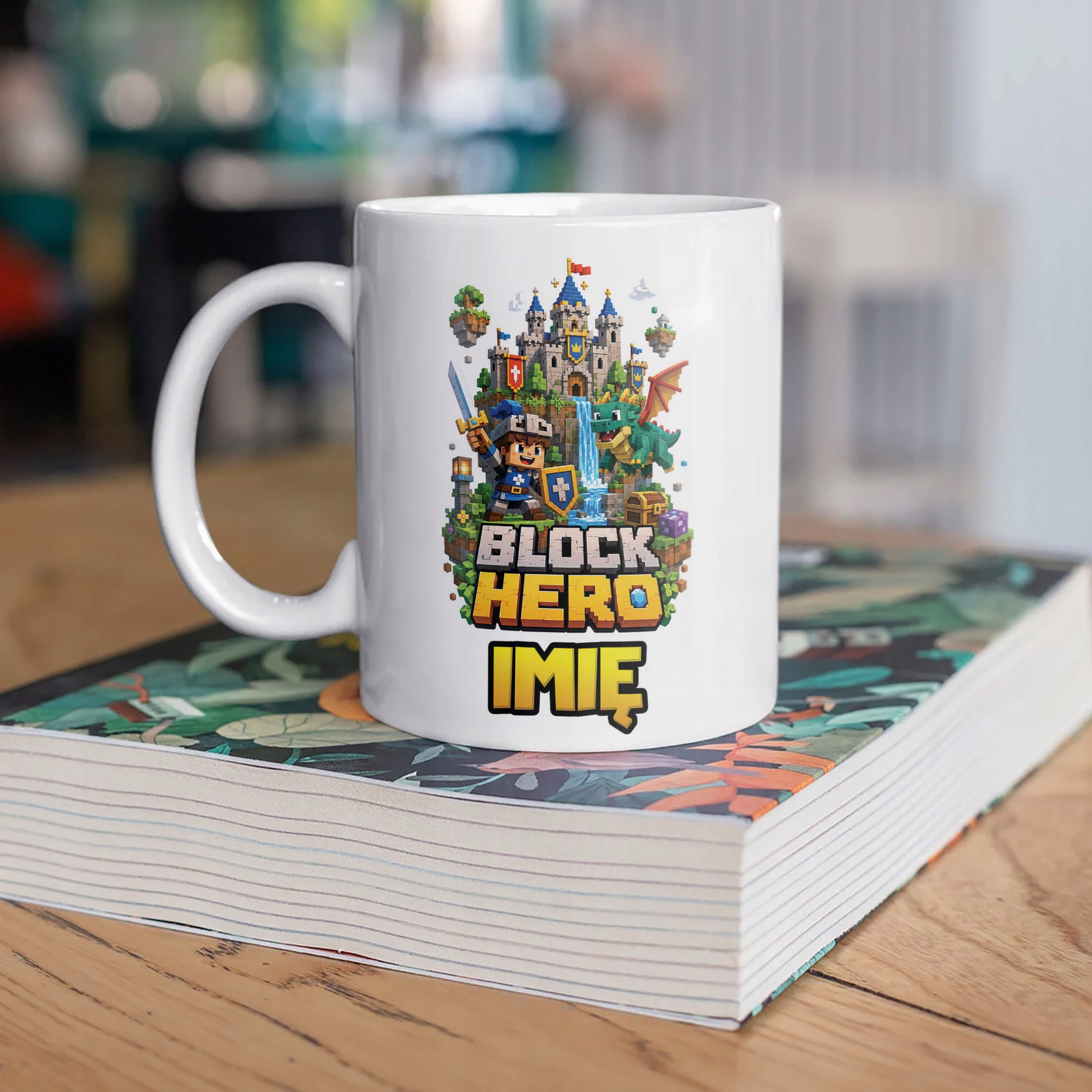 Biały Kubek z nadrukiem personalizowany BLOCK HERO Gra Dla Dzieci Prezent