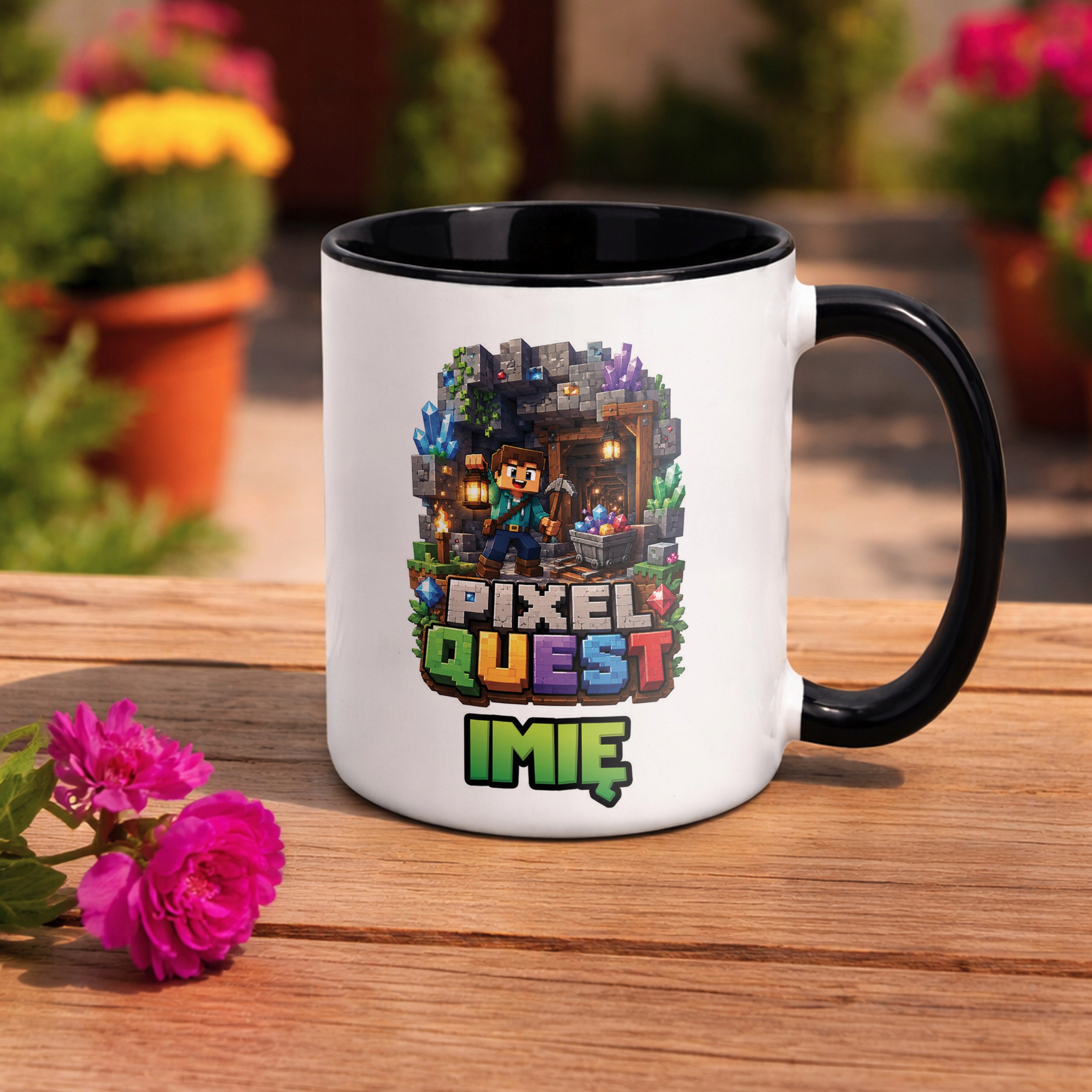 Zestaw Personalizowany Plecak Worek Kubek Czarny gra Pixel Quest Prezent