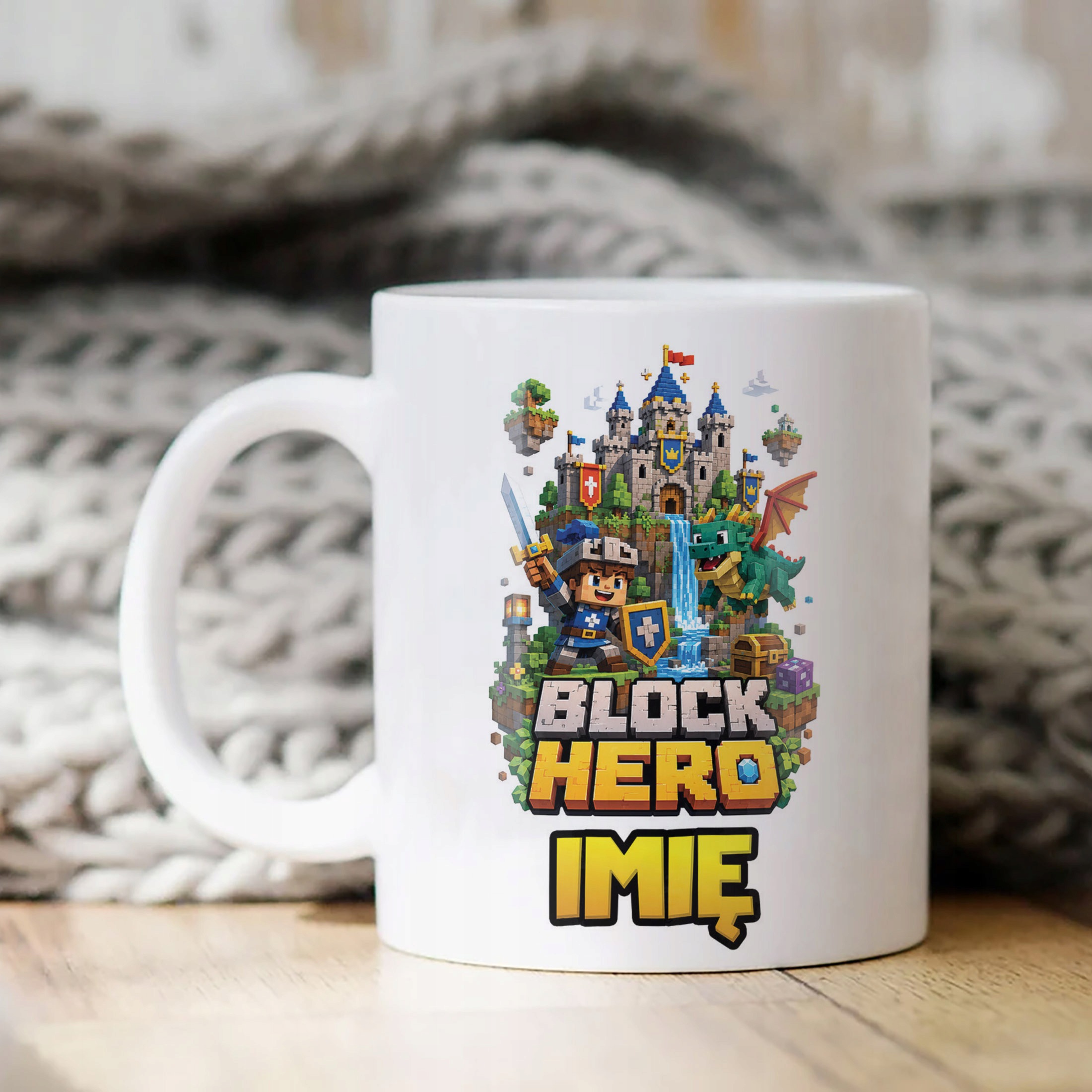 Biały Kubek z nadrukiem personalizowany BLOCK HERO Gra Dla Dzieci Prezent