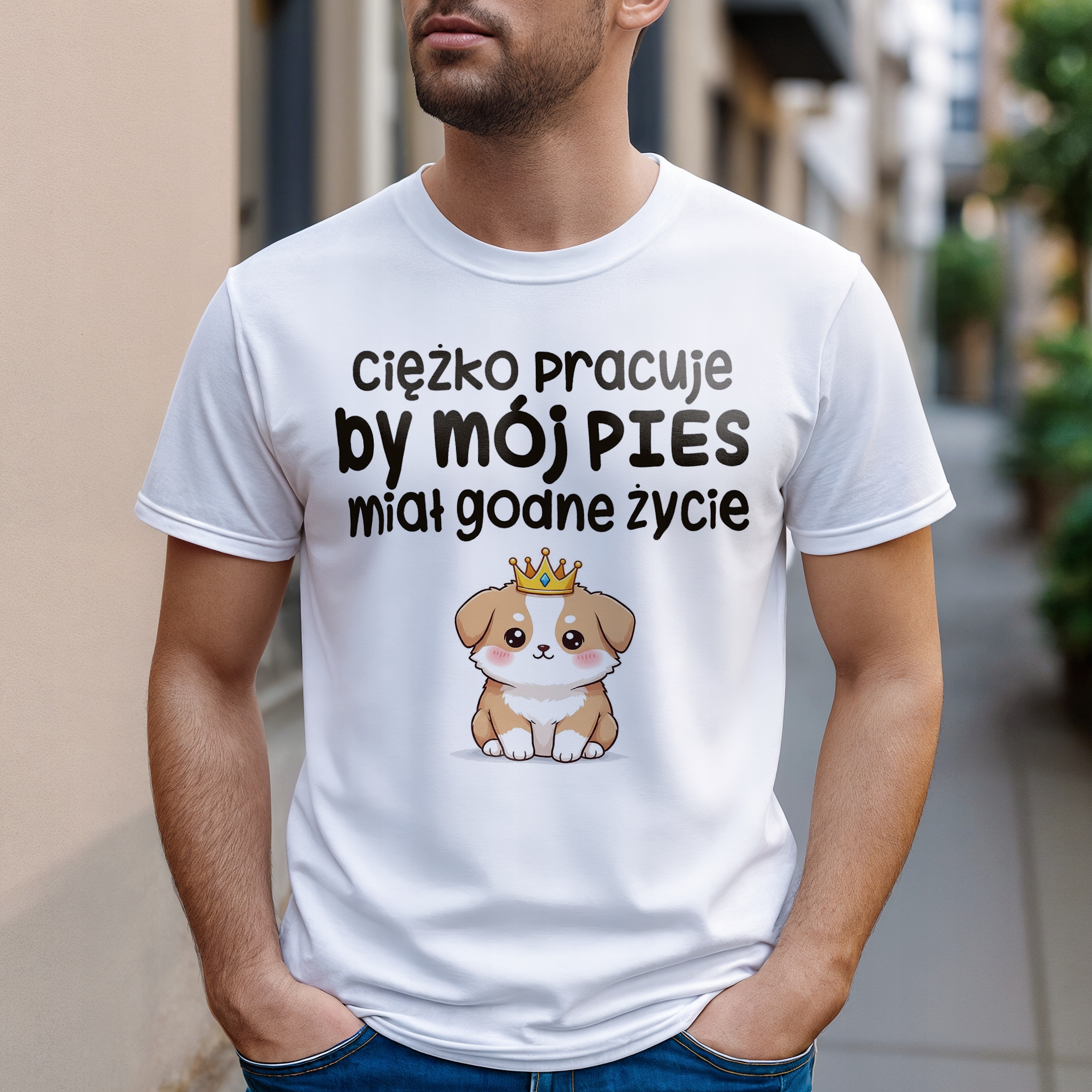 Koszulka biała męska Ciężko Pracuję By Mój Pies Zabawny Prezent r. 3XL
