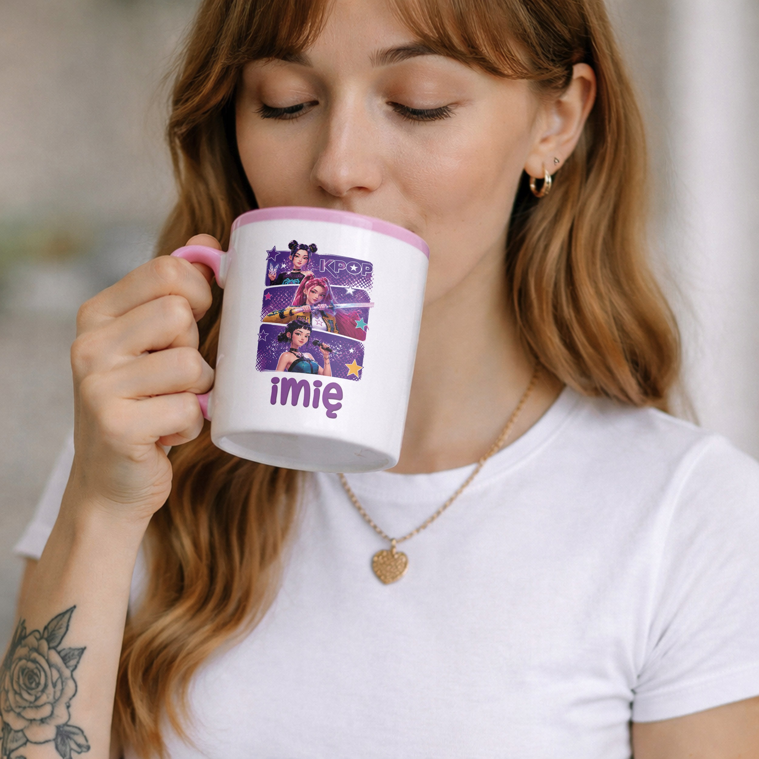Zestaw Personalizowany Kubek Różowy Poduszka Łowczynie Kpop Prezent