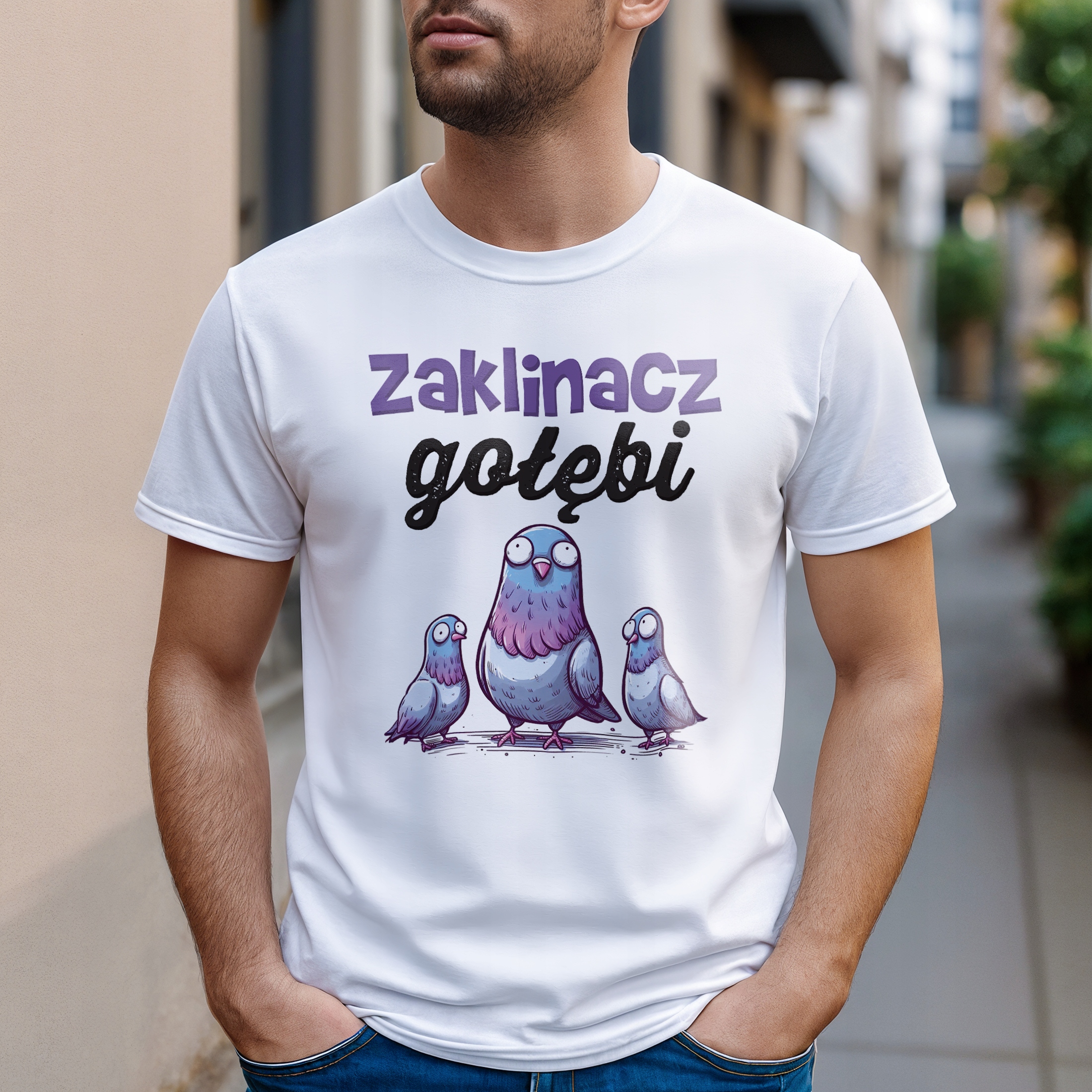 Koszulka biała męska Zaklinacz Gołębi Zabawny Prezent r. 3XL