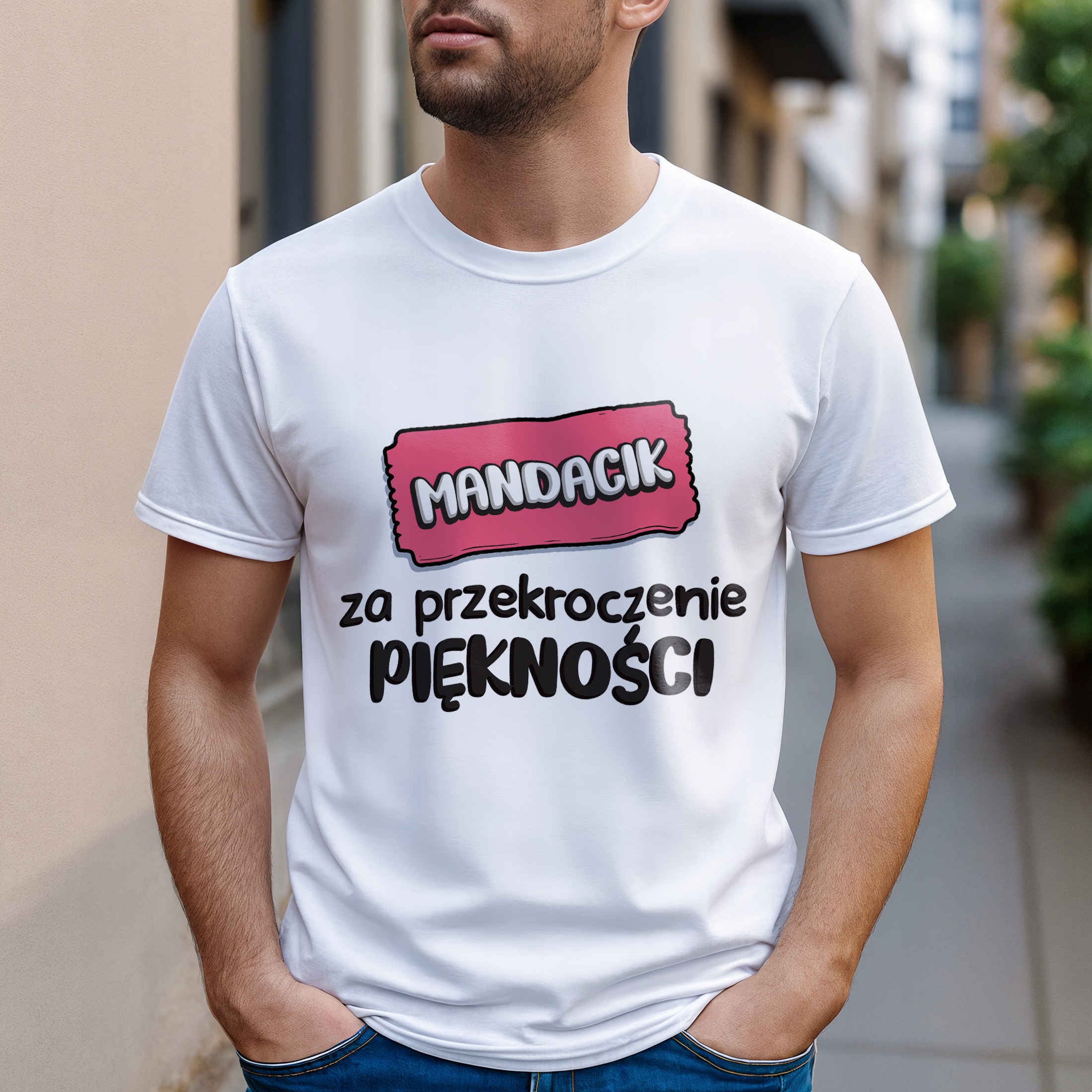 Koszulka biała męska Mandacik Za Przekroczenie Piękności Prezent r. 3XL