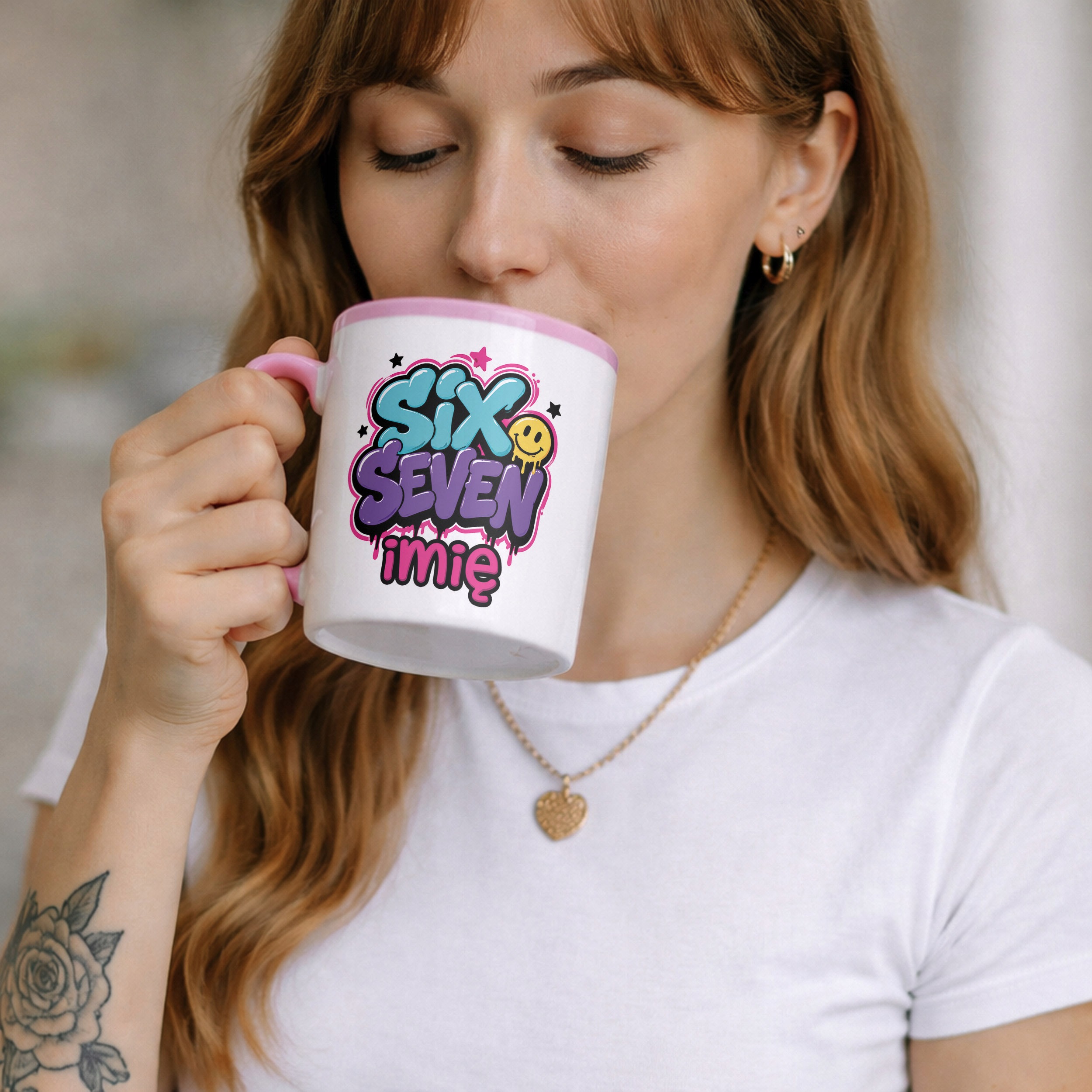 Zestaw Personalizowany Kubek Różowy Poduszka 67 Six Seven Prezent