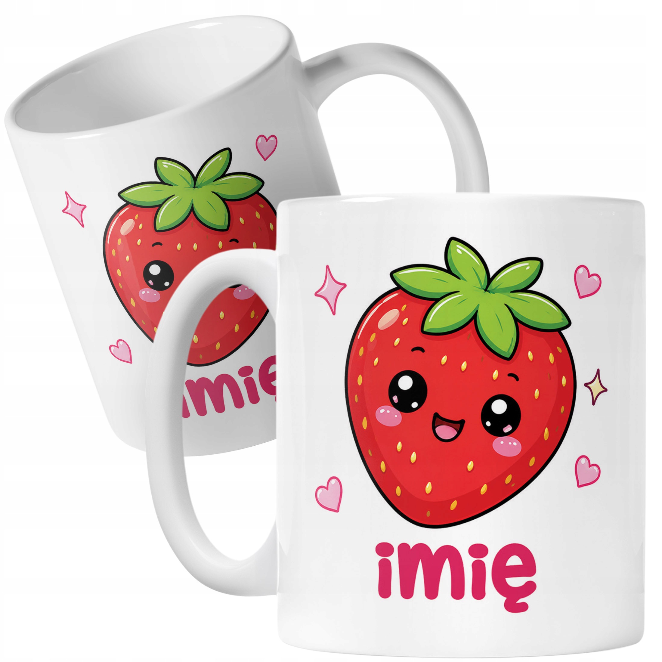 Biały Kubek z nadrukiem personalizowany Kawaii Truskawka Dla Dzieci