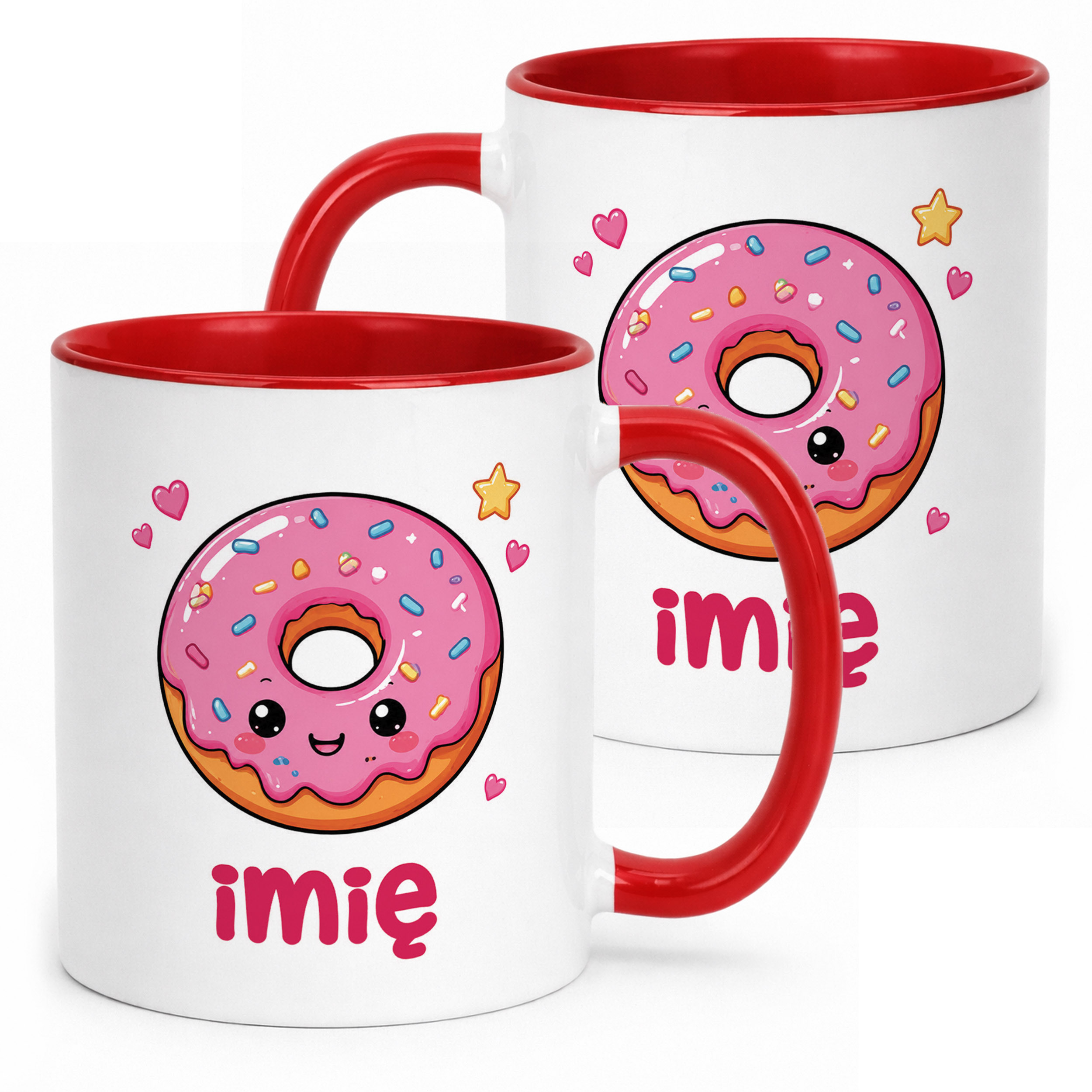 Kubek Czerwony z nadrukiem personalizowany Kawaii Pączek Dla Dzieci Prezent