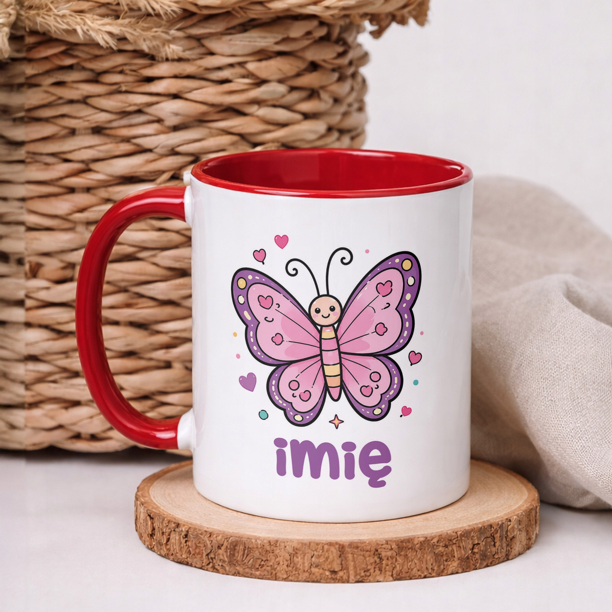 Kubek Czerwony z nadrukiem personalizowany Uroczy Motylek Prezent