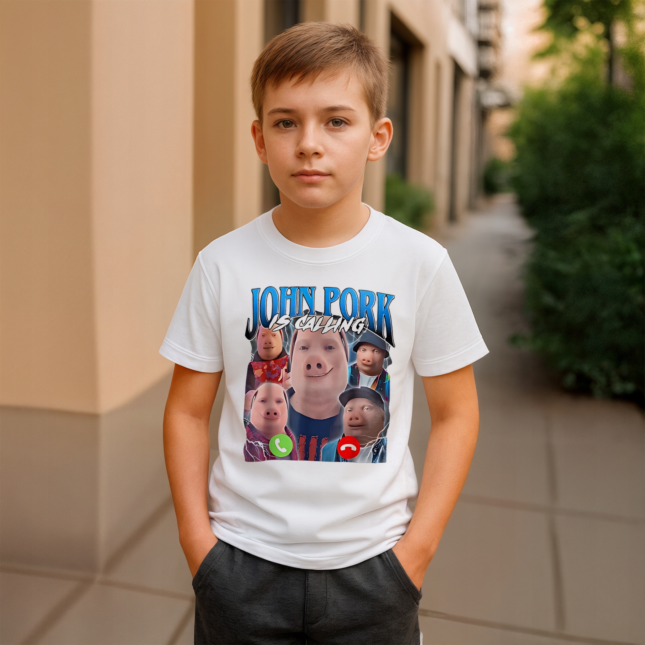 Koszulka biała dziecięca John Pork Calling viral tiktok brainrot mem r. 116