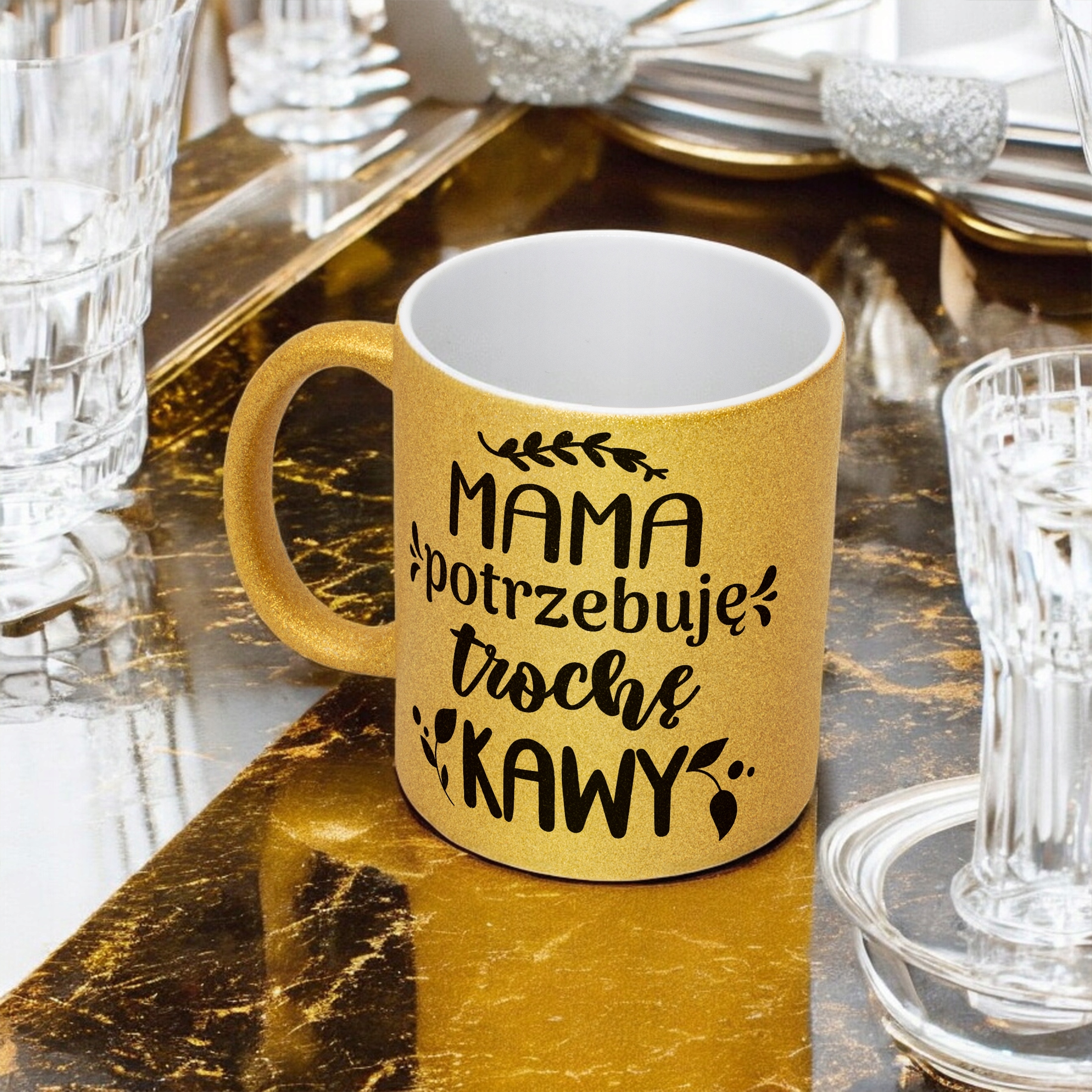Złoty kubek brokatowy Dzień Matki Dla Mamy Mama Potrzebuję Trochę Kawy
