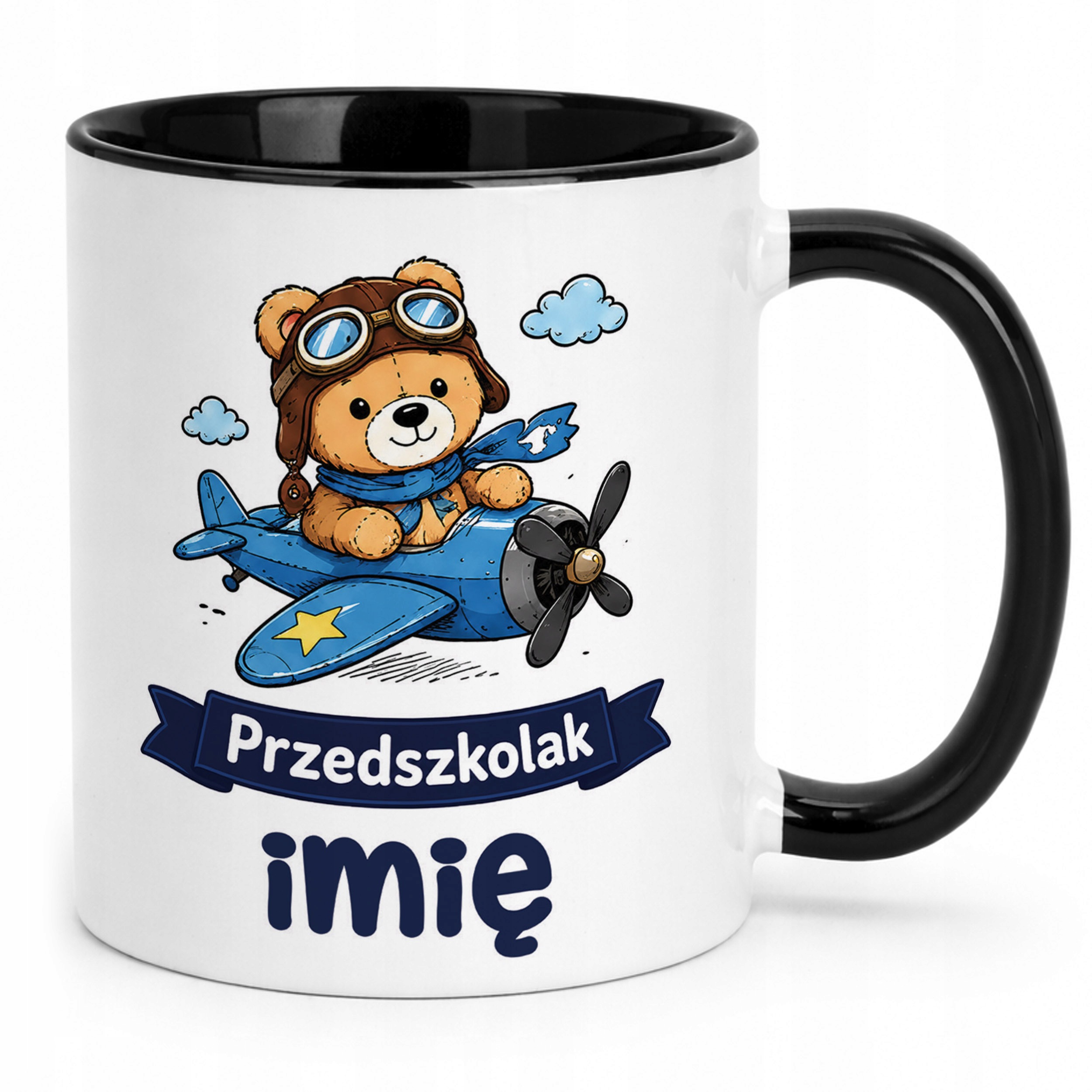 Zestaw Personalizowany Kubek Czarny Poduszka Przedszkolak Miś