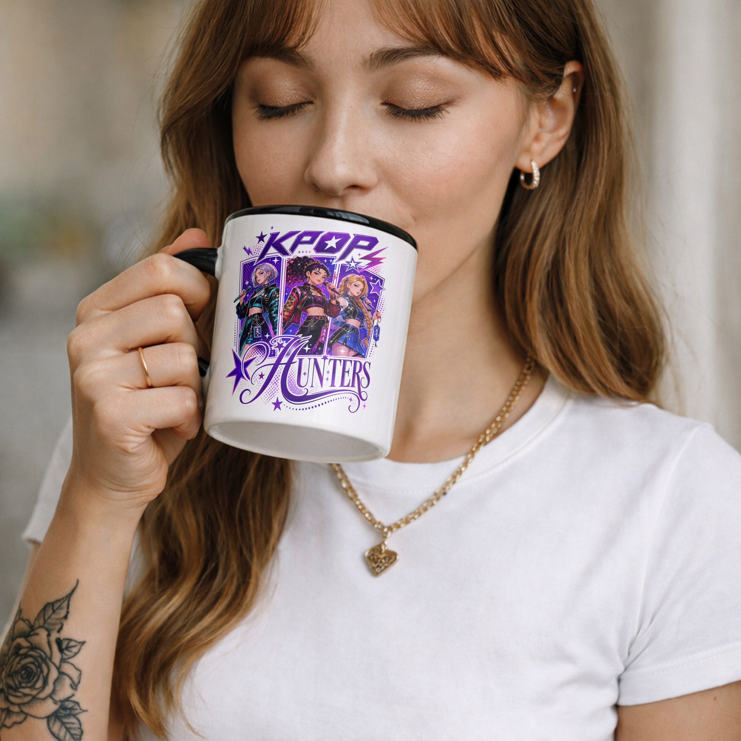 Zestaw Kubek Czarny Poduszka Z Nadrukiem ŁOWCZYNIE KPOP Prezent