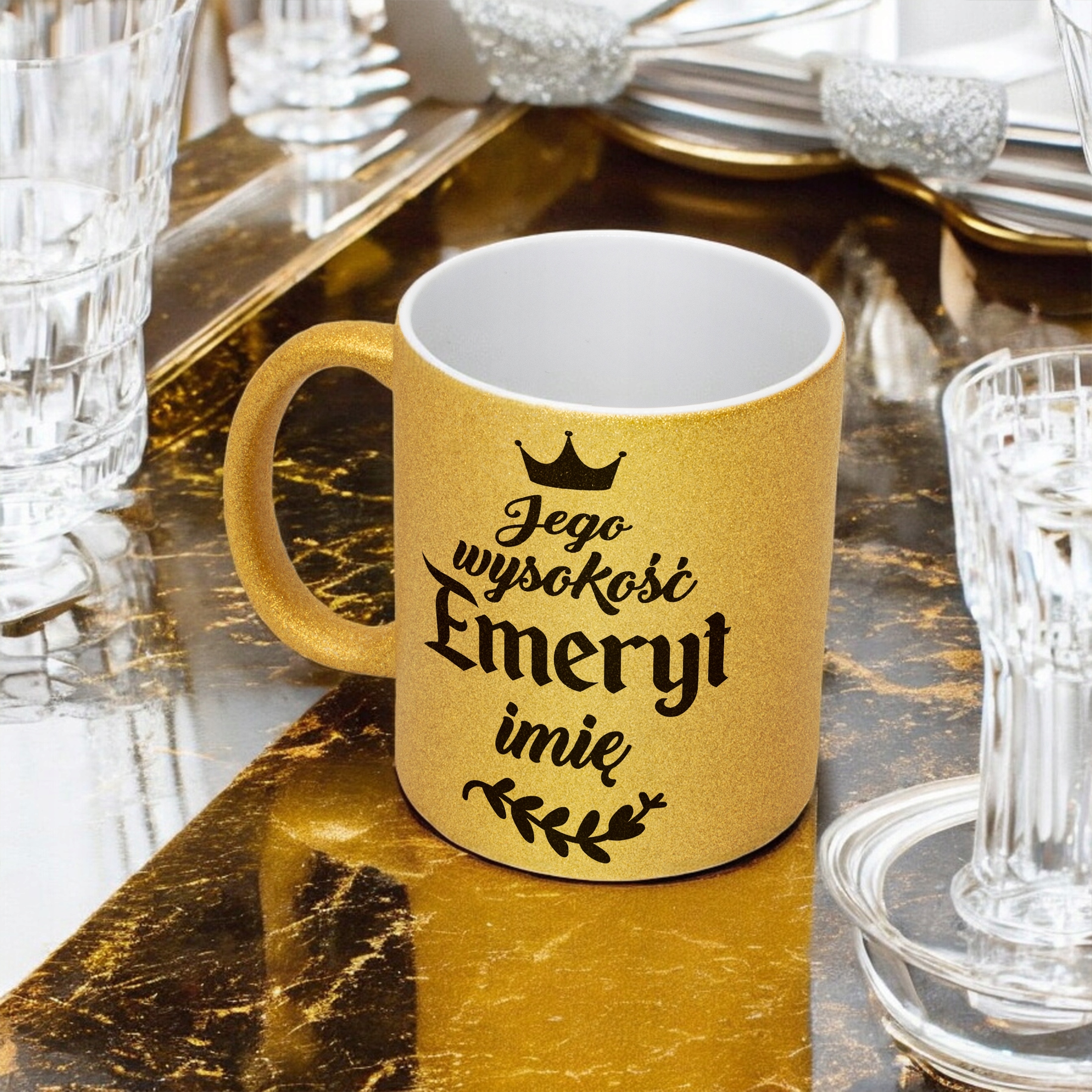 Złoty kubek brokatowy personalizowany Emerytura Dla Emeryta Prezent