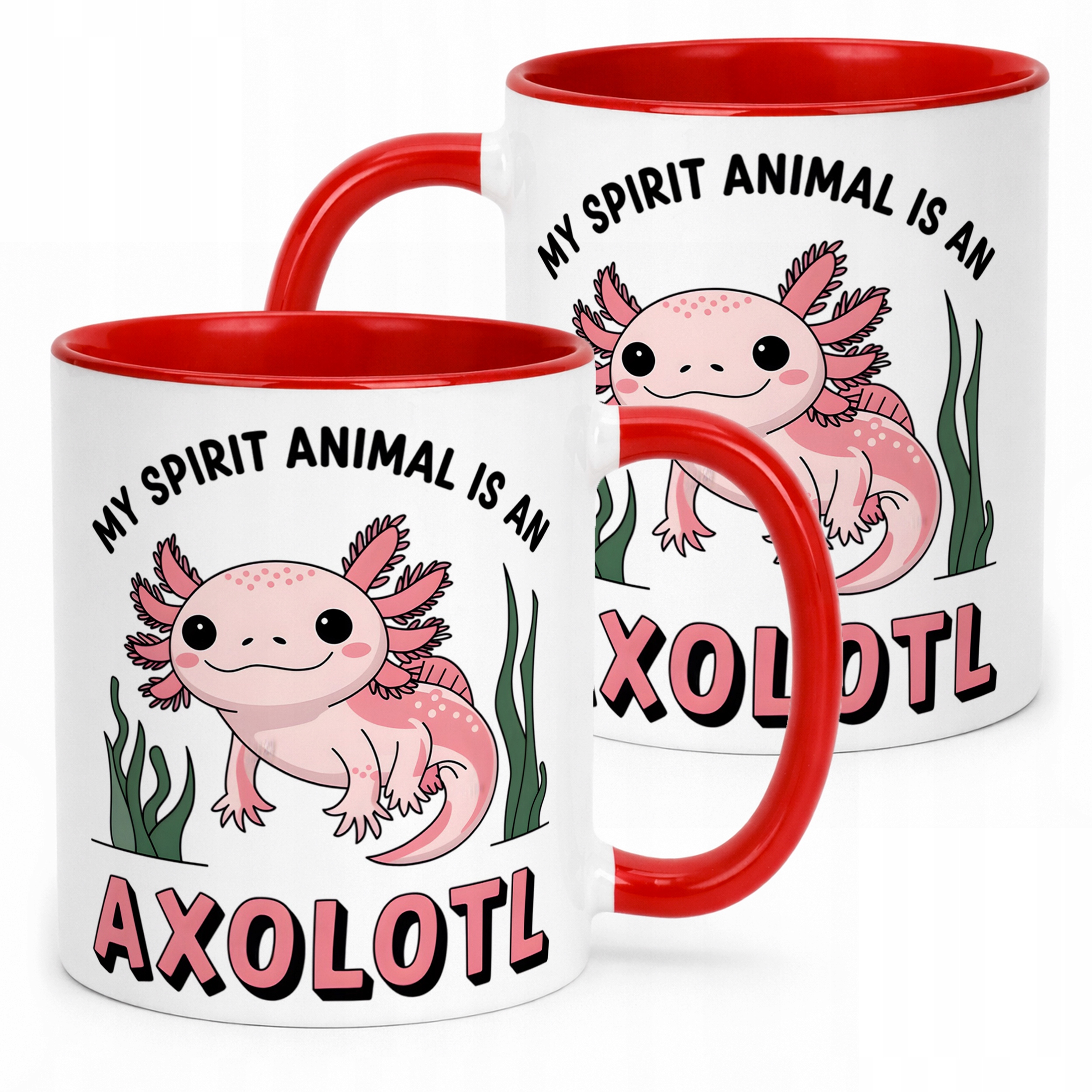 Czerwony kubek z uśmiechniętym zwierzęciem Aksolotl Axolotl Różowy