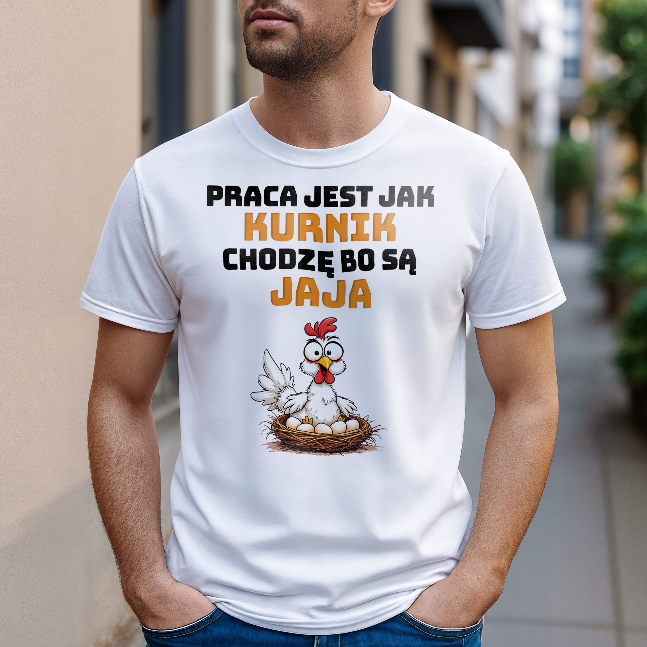 Koszulka biała męska Praca Jest Jak Kurnik Zabawny Prezent