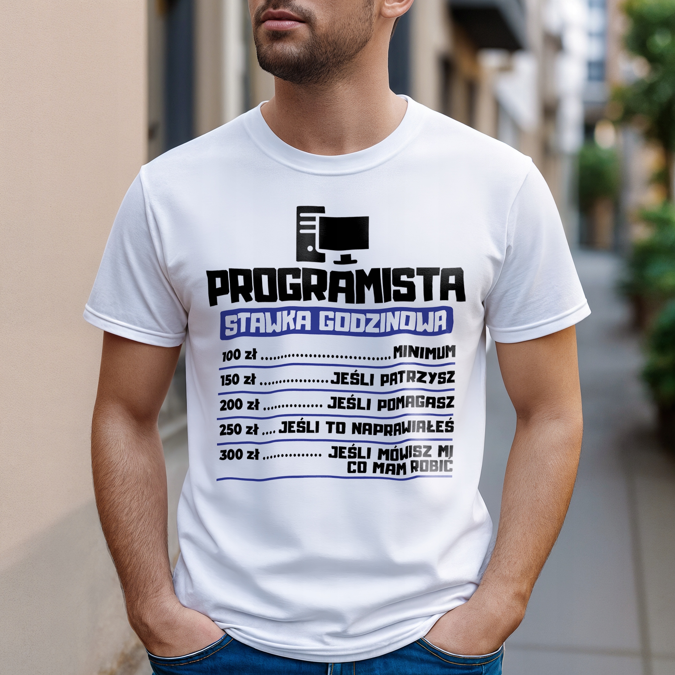 Koszulka biała męska Programista Stawka Godzinowa Prezent