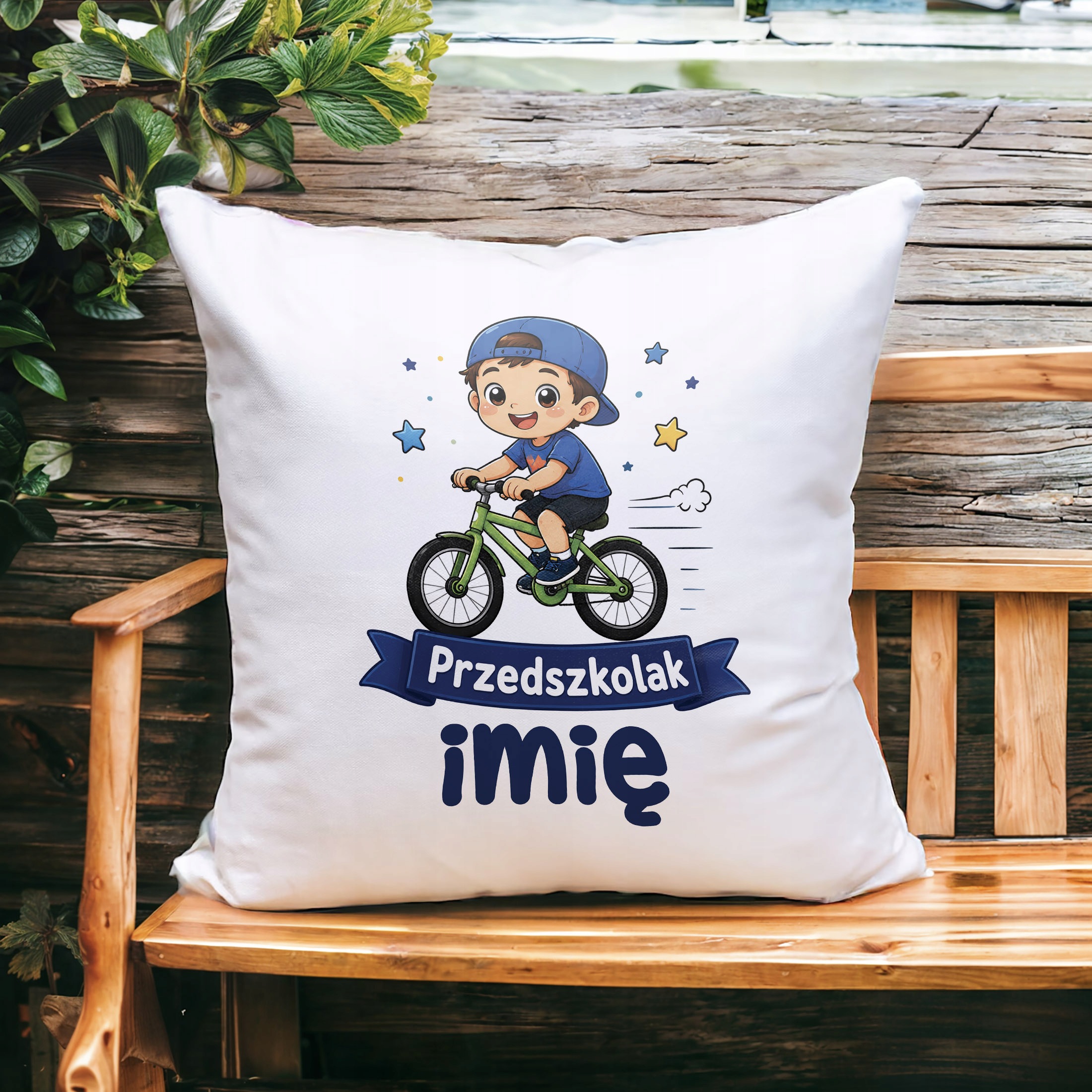 Zestaw Personalizowany Kubek Czarny Poduszka Przedszkolak Rower