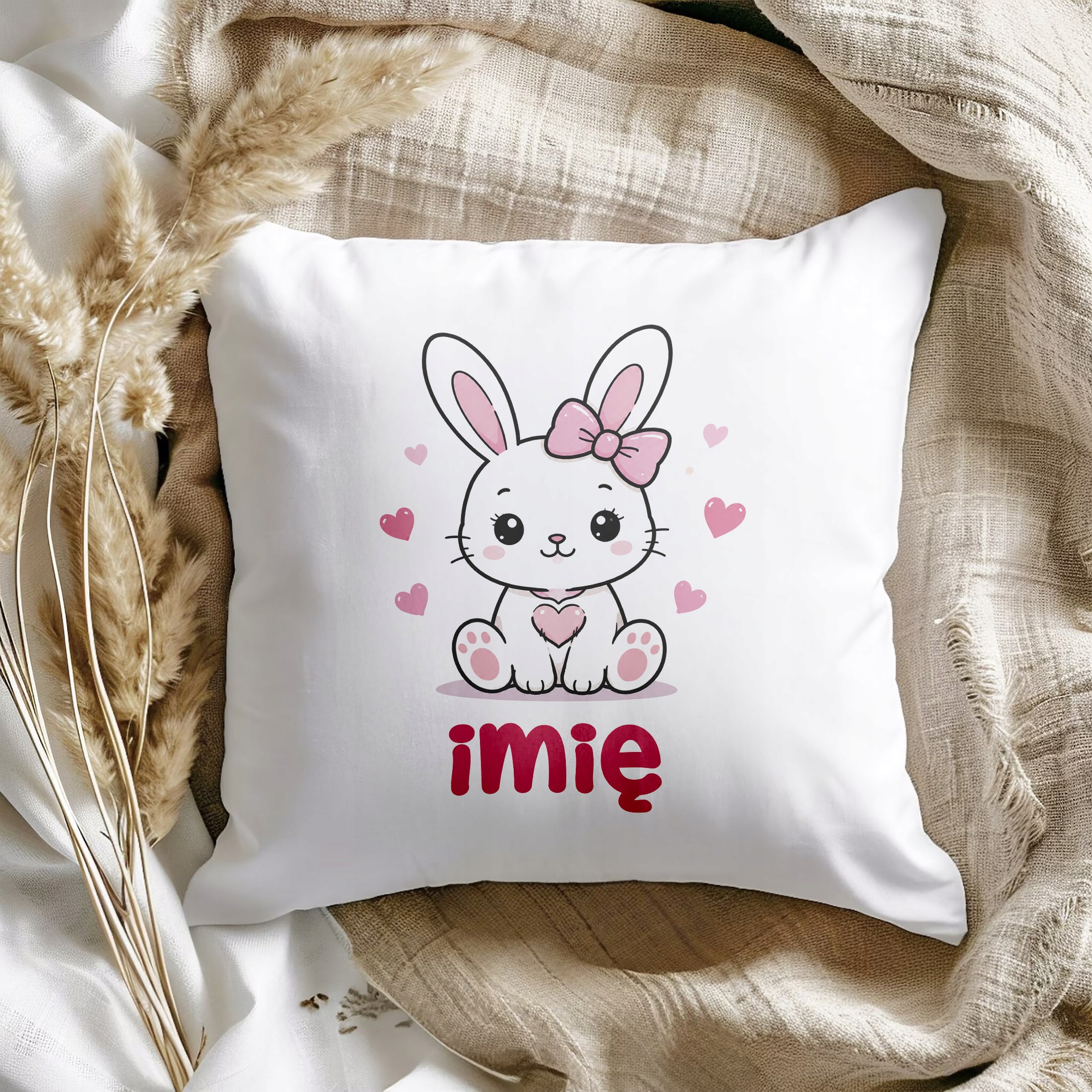 Zestaw Personalizowany Kubek Różowy Poduszka Króliczek Prezent
