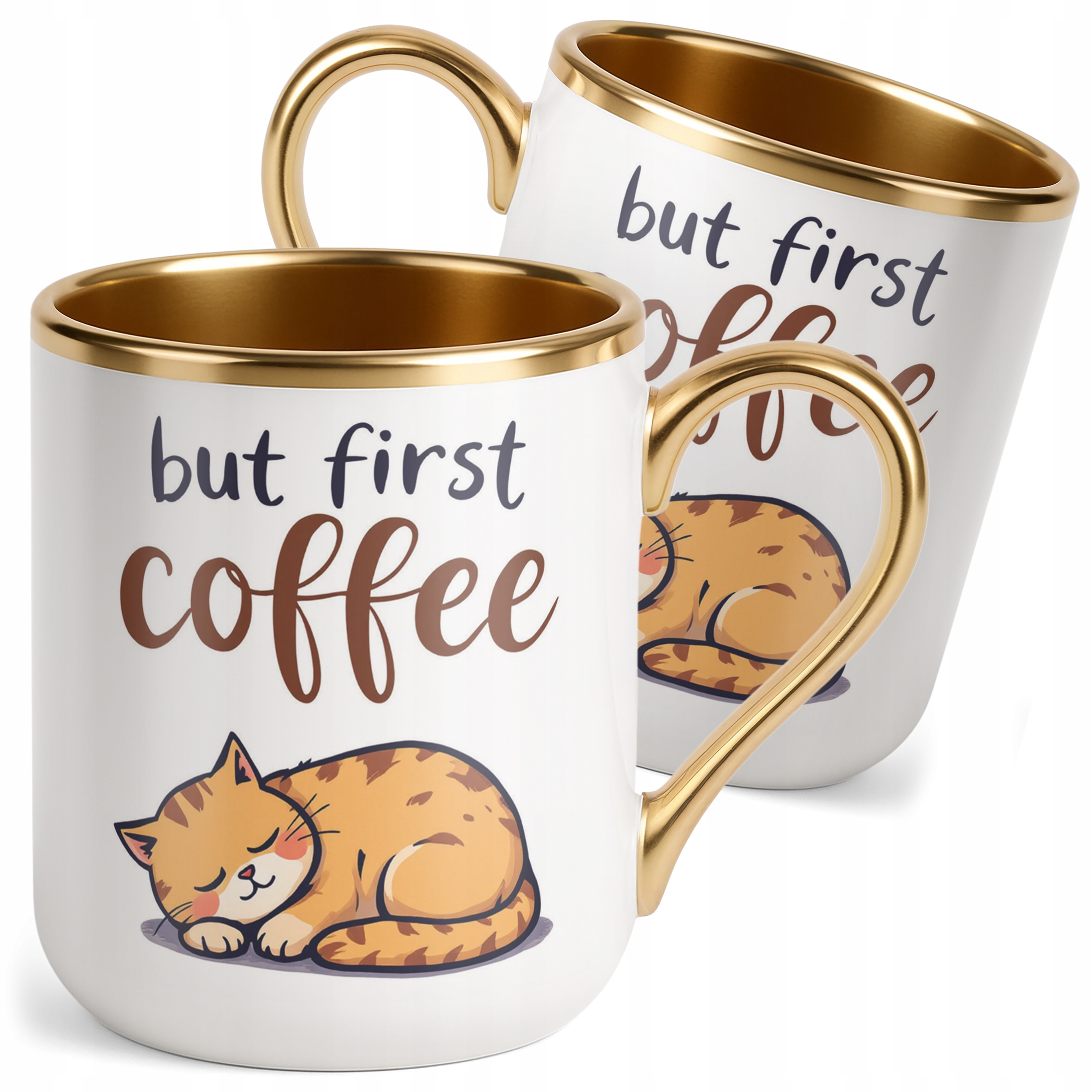Kubek Premium Złoty But First Coffee Kawa Kot Dla Kociary Prezent