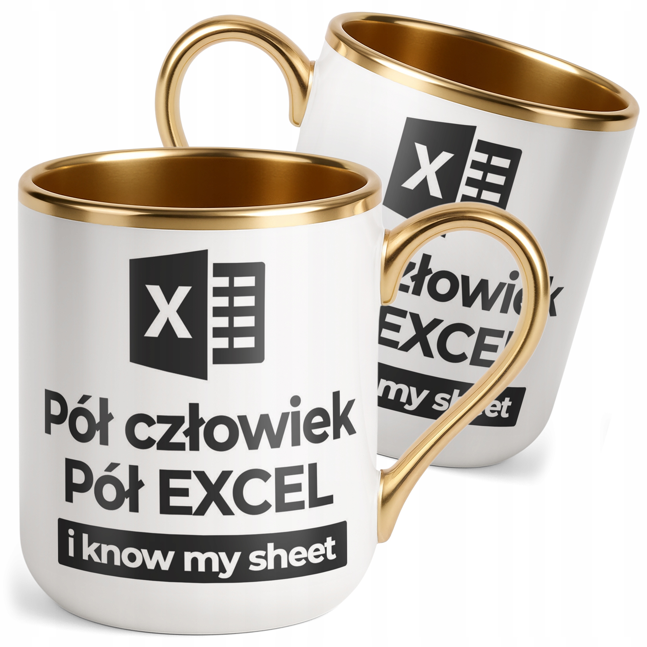 Kubek Premium Złoty Pół Człowiek Pół Excel Praca Zabawny Prezent