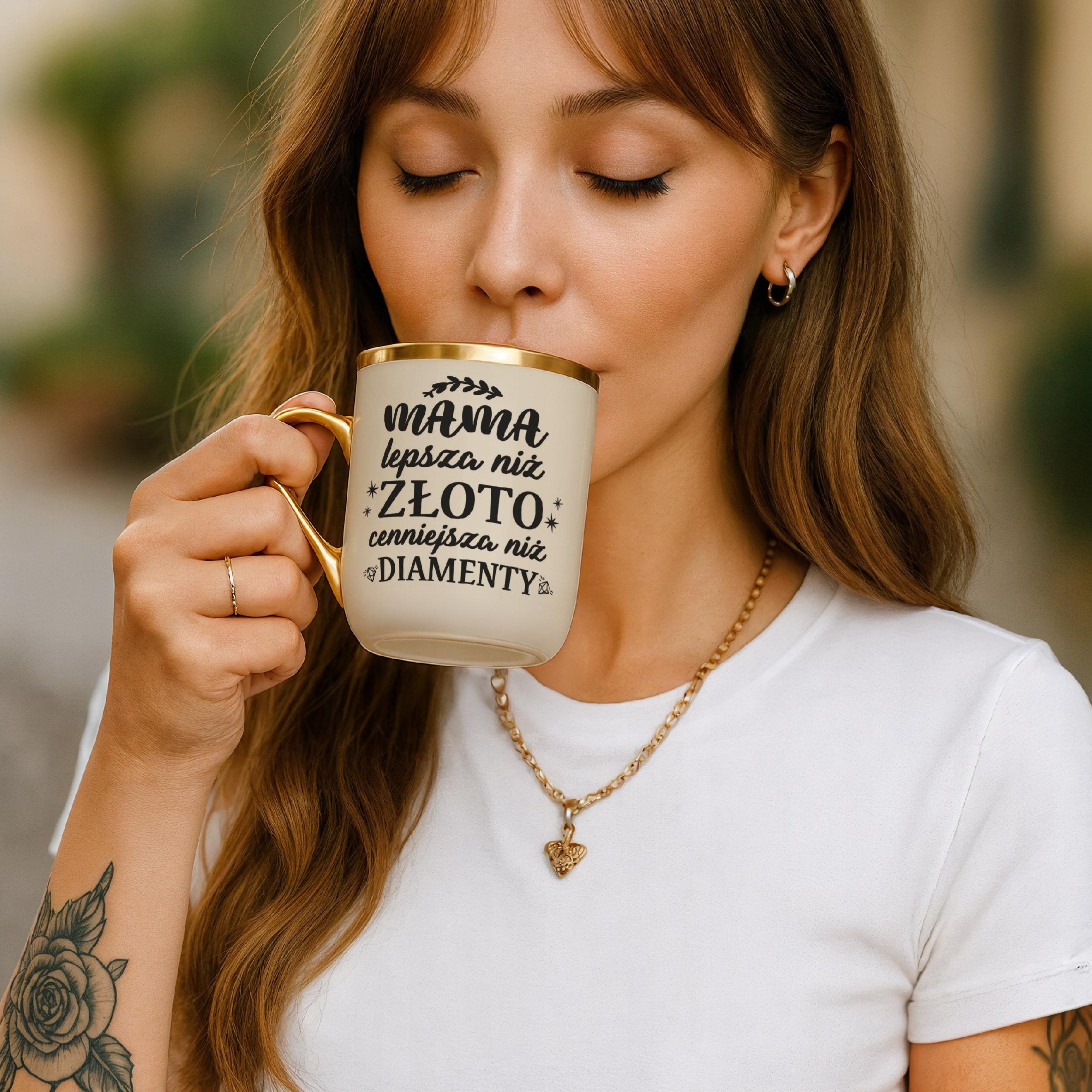 Kubek Premium Złoty Ecru Dzień Matki Dla Mamy Prezent Lepsza Niż Złoto
