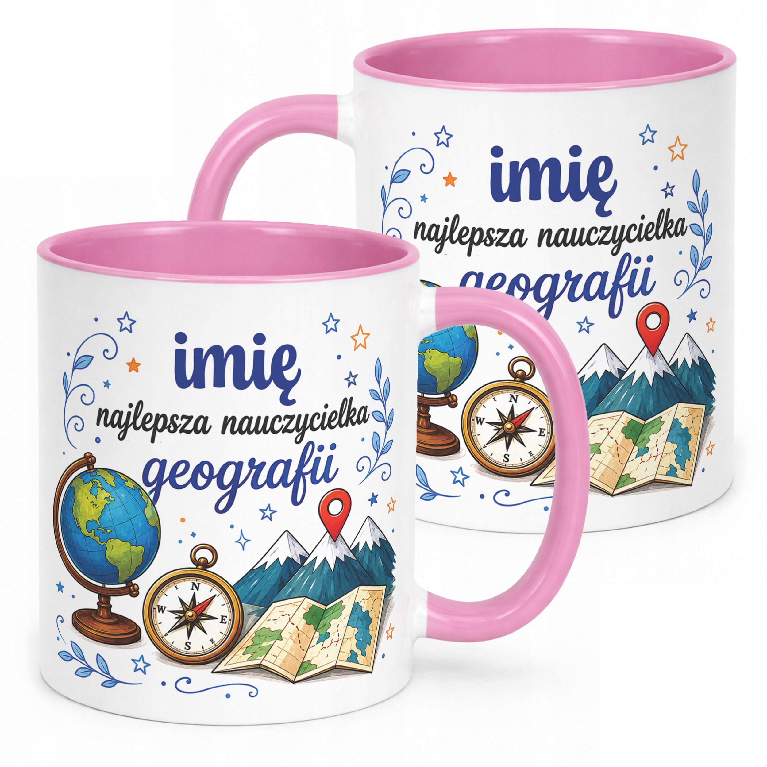 Kubek Różowy z Imieniem Dzień Nauczyciela Geografia Prezent