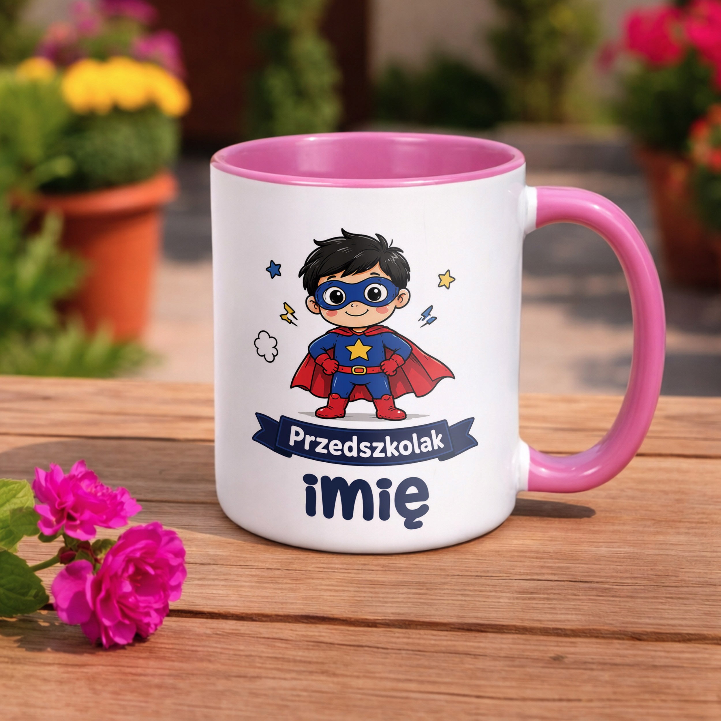 Zestaw Personalizowany Kubek Różowy Poduszka Przedszkolak