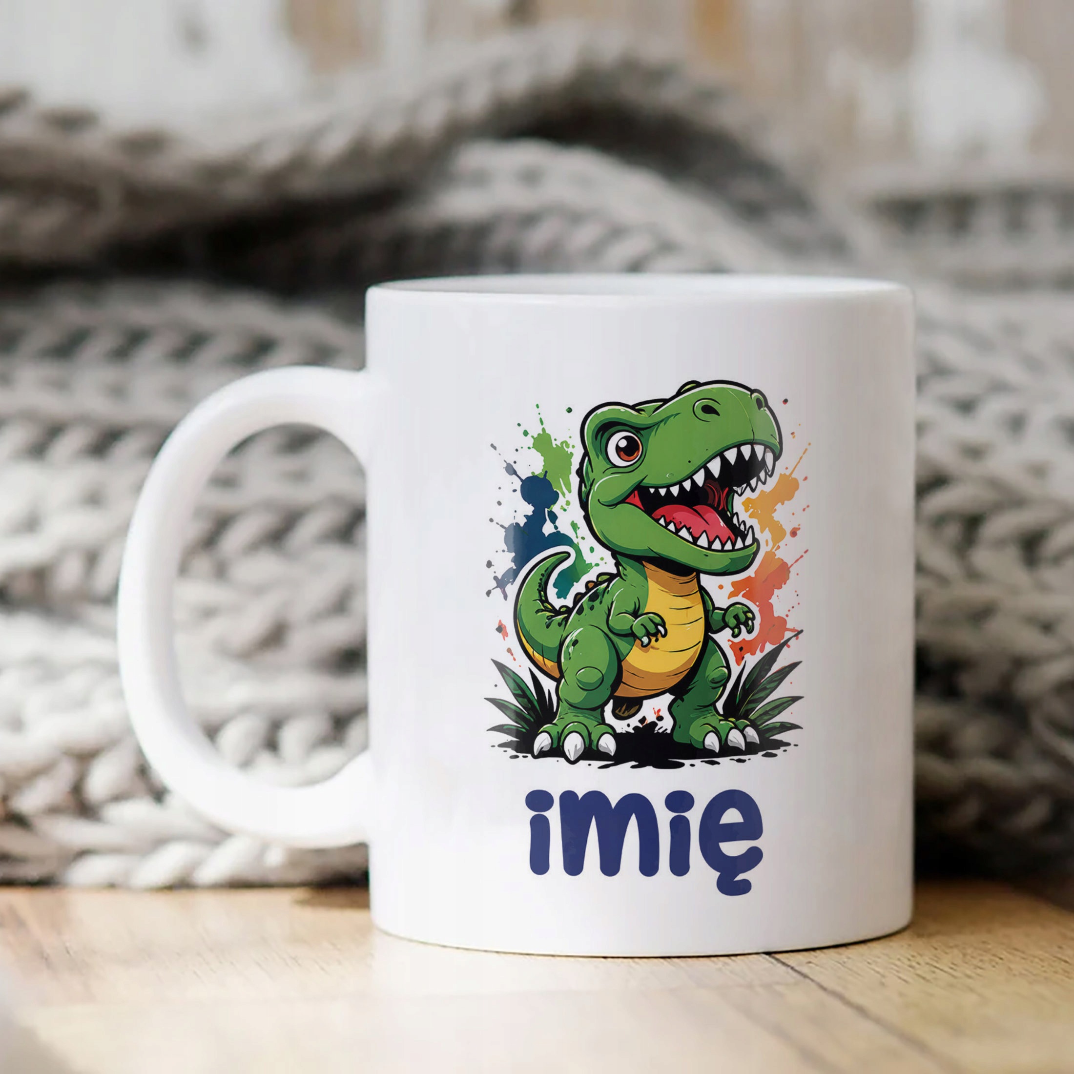 Biały Kubek z nadrukiem personalizowany Dinozaur Dla Dzieci Prezent