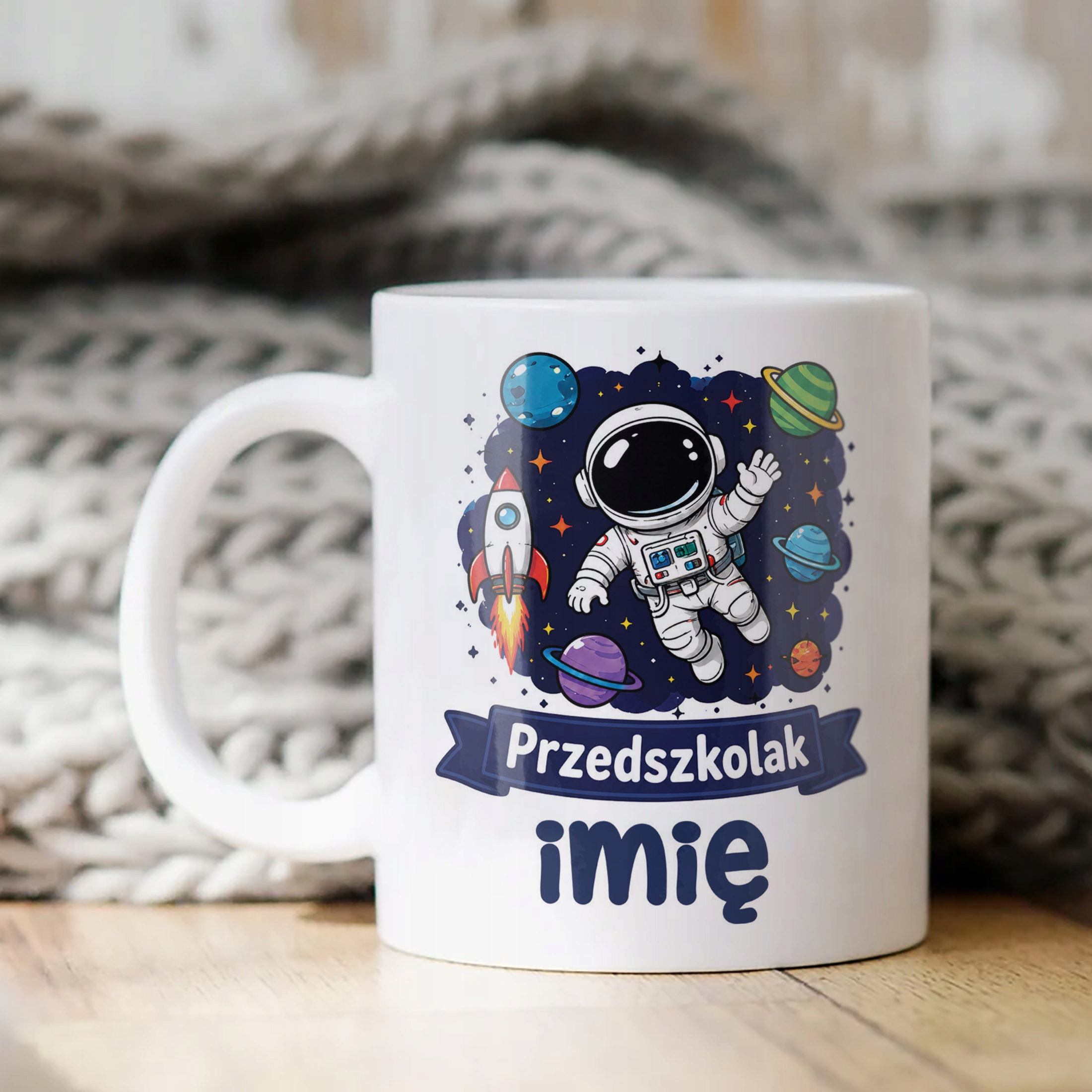 Biały Kubek z nadrukiem personalizowany Przedszkolak Szkoła Dla Dzieci