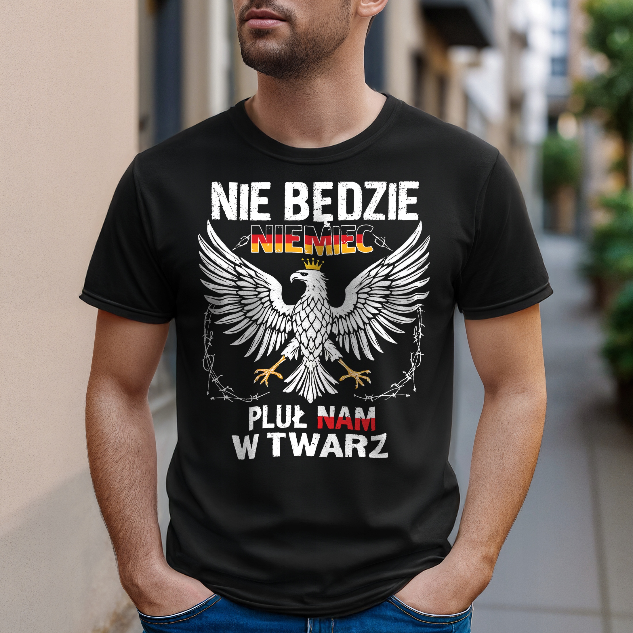 Koszulka czarna męska Nie Będzie Niemiec Pluł Nam W Twarz r. 3XL