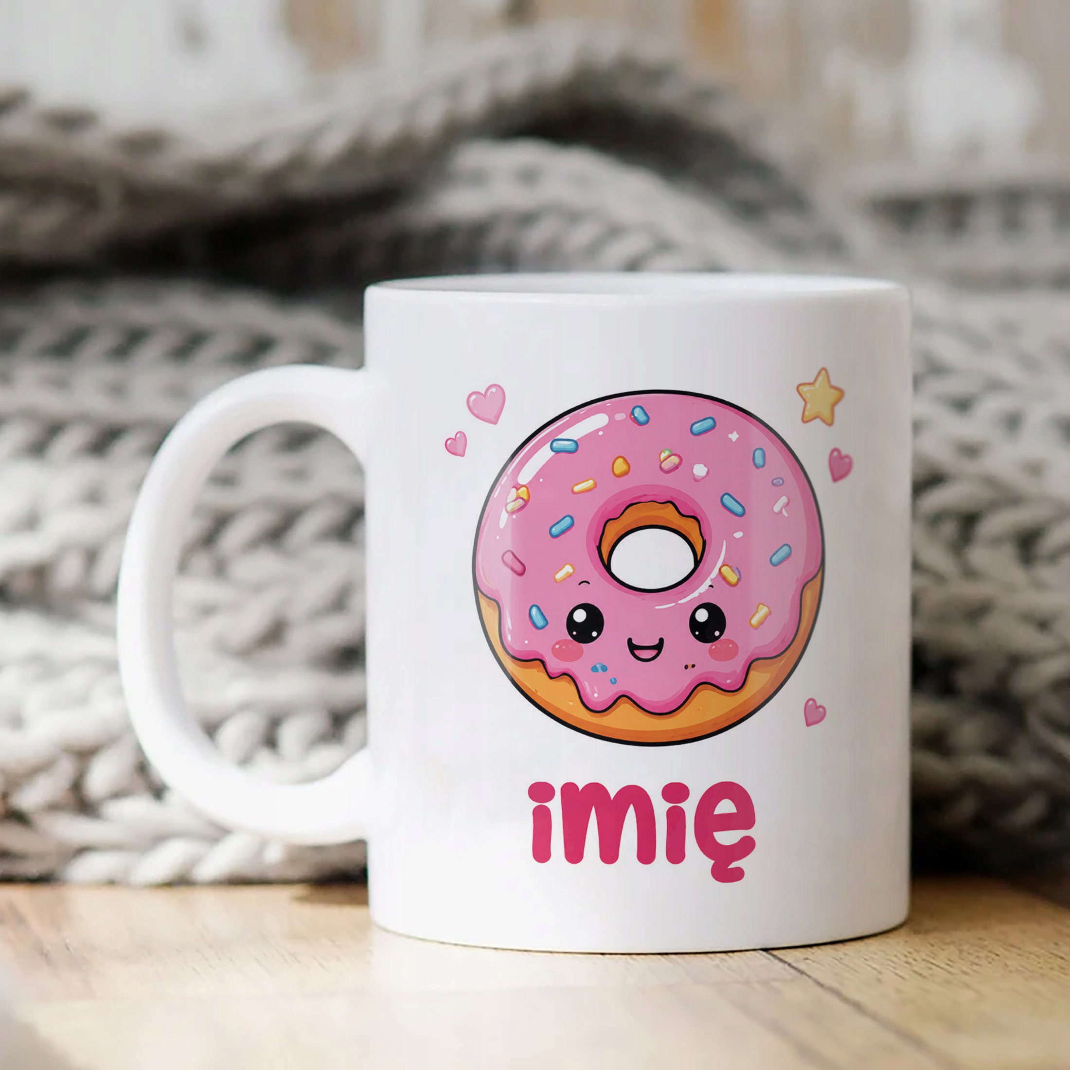 Biały Kubek z nadrukiem personalizowany Kawaii Pączek Dla Dzieci Prezent