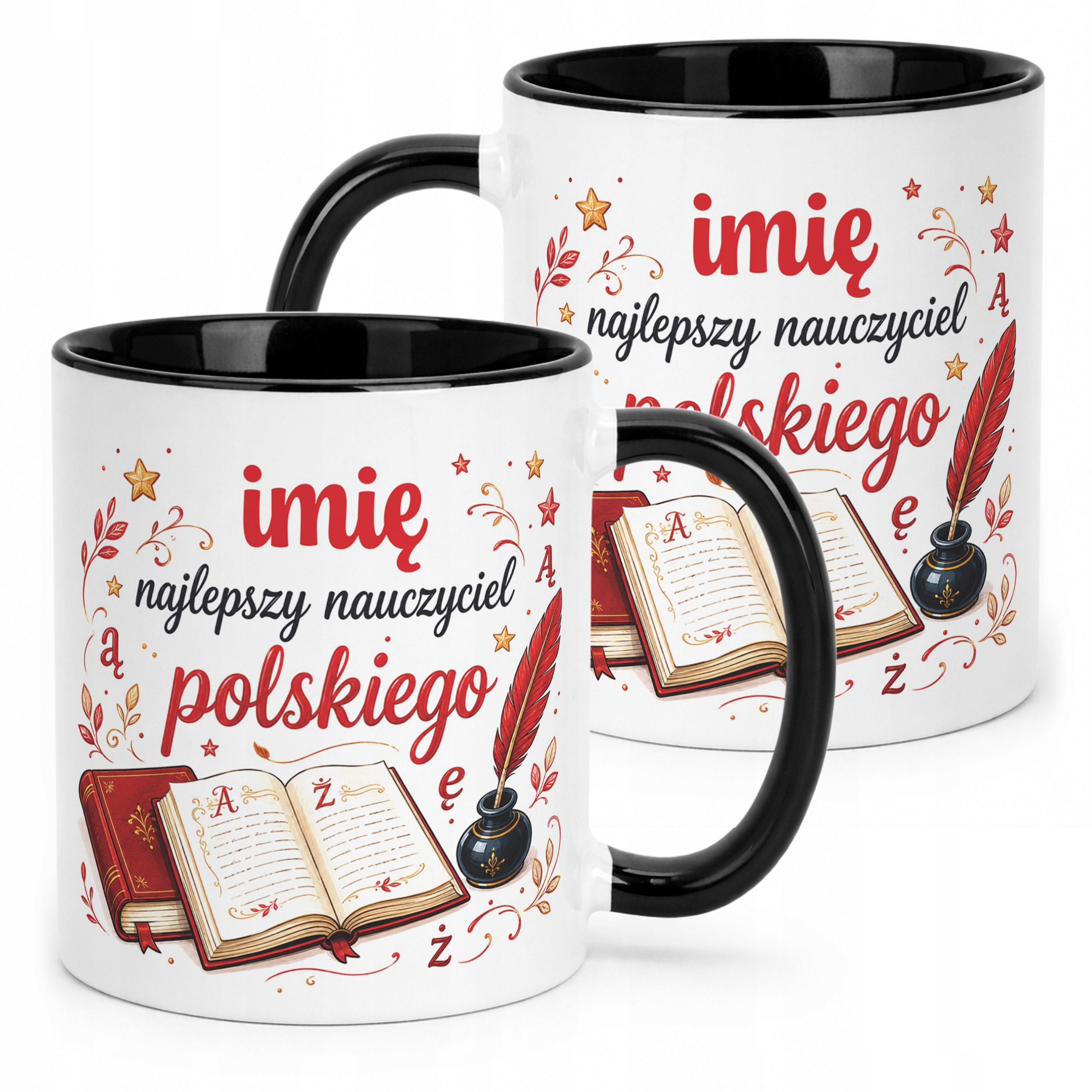 Kubek Czarny z Imieniem Dzień Nauczyciela Język Polski Prezent