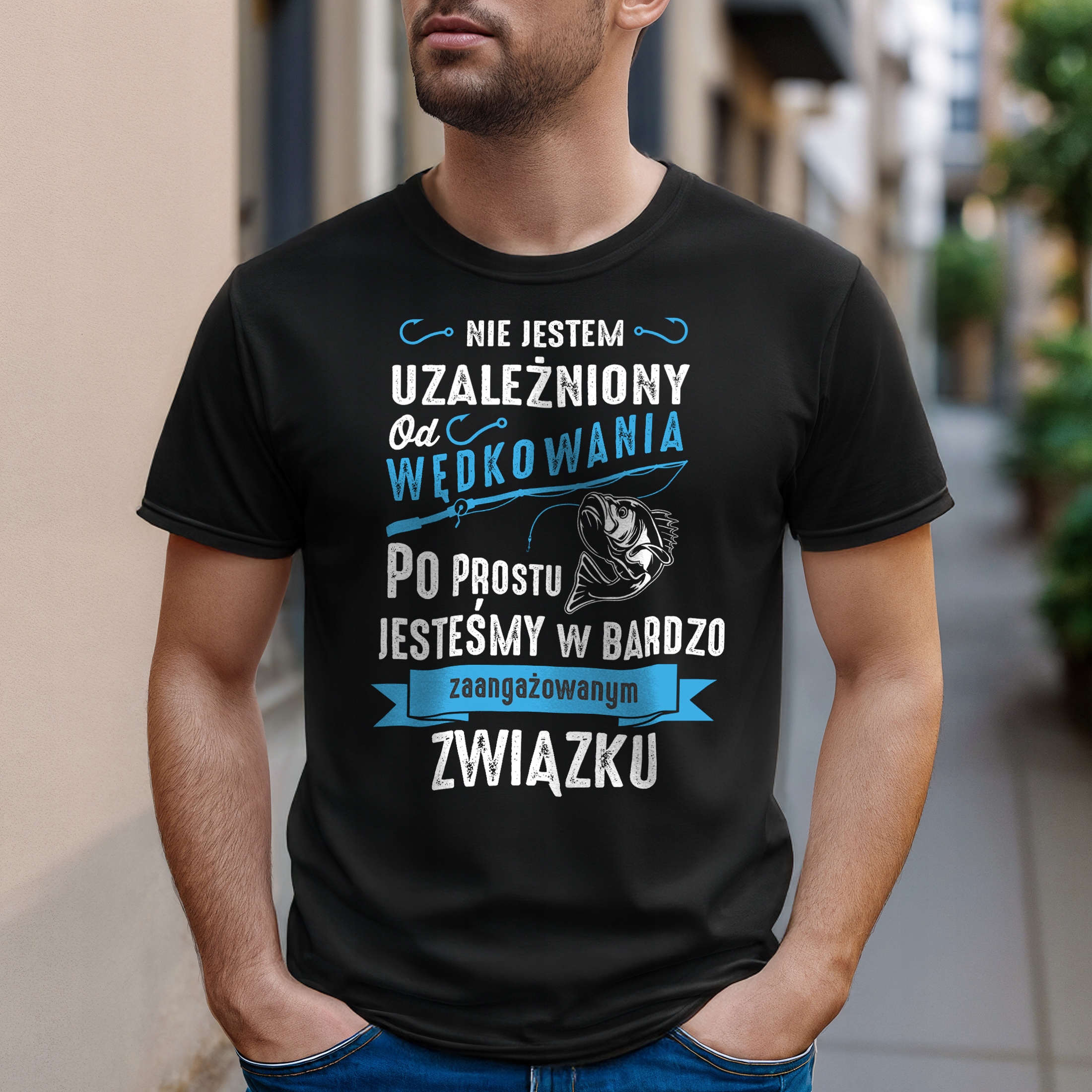 Koszulka czarna męska Dla Wędkarza Wędkowanie Ryby Prezent