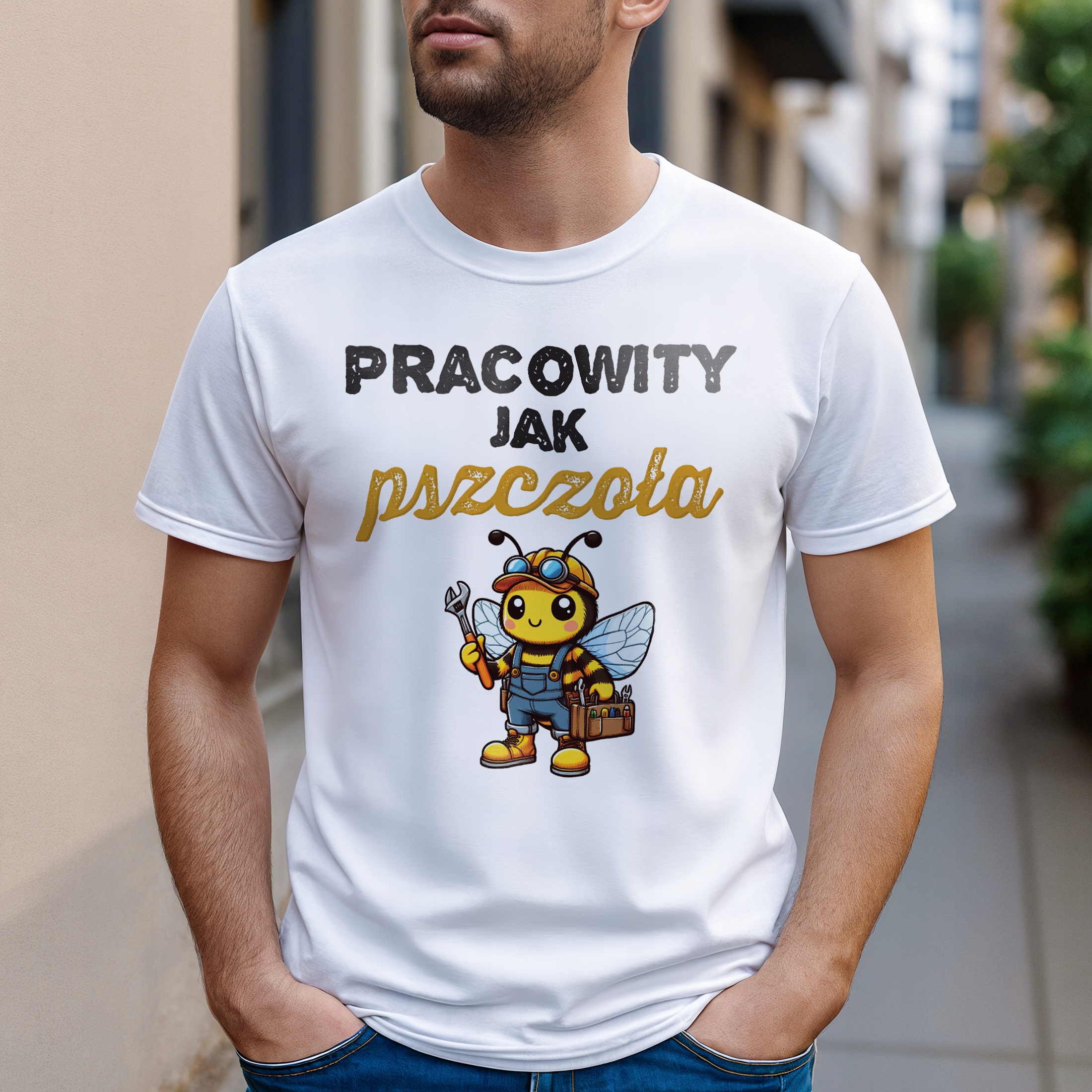 Koszulka biała męska Pracowity Jak Pszczoła Pszczelarz Prezent r. 3XL