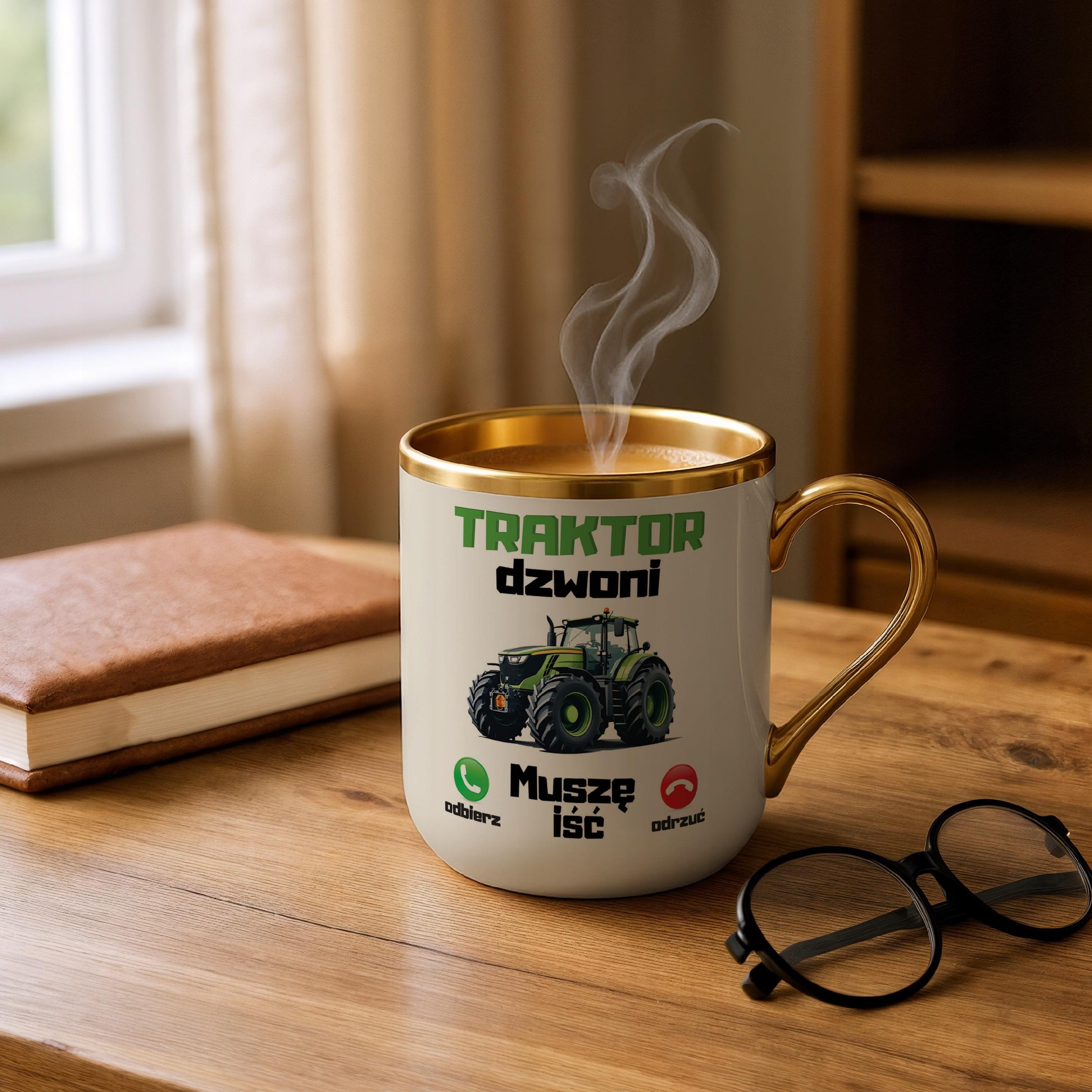 Kubek Premium Złoty Ecru Rolnik Dla Rolnika Traktor Zabawny Prezent