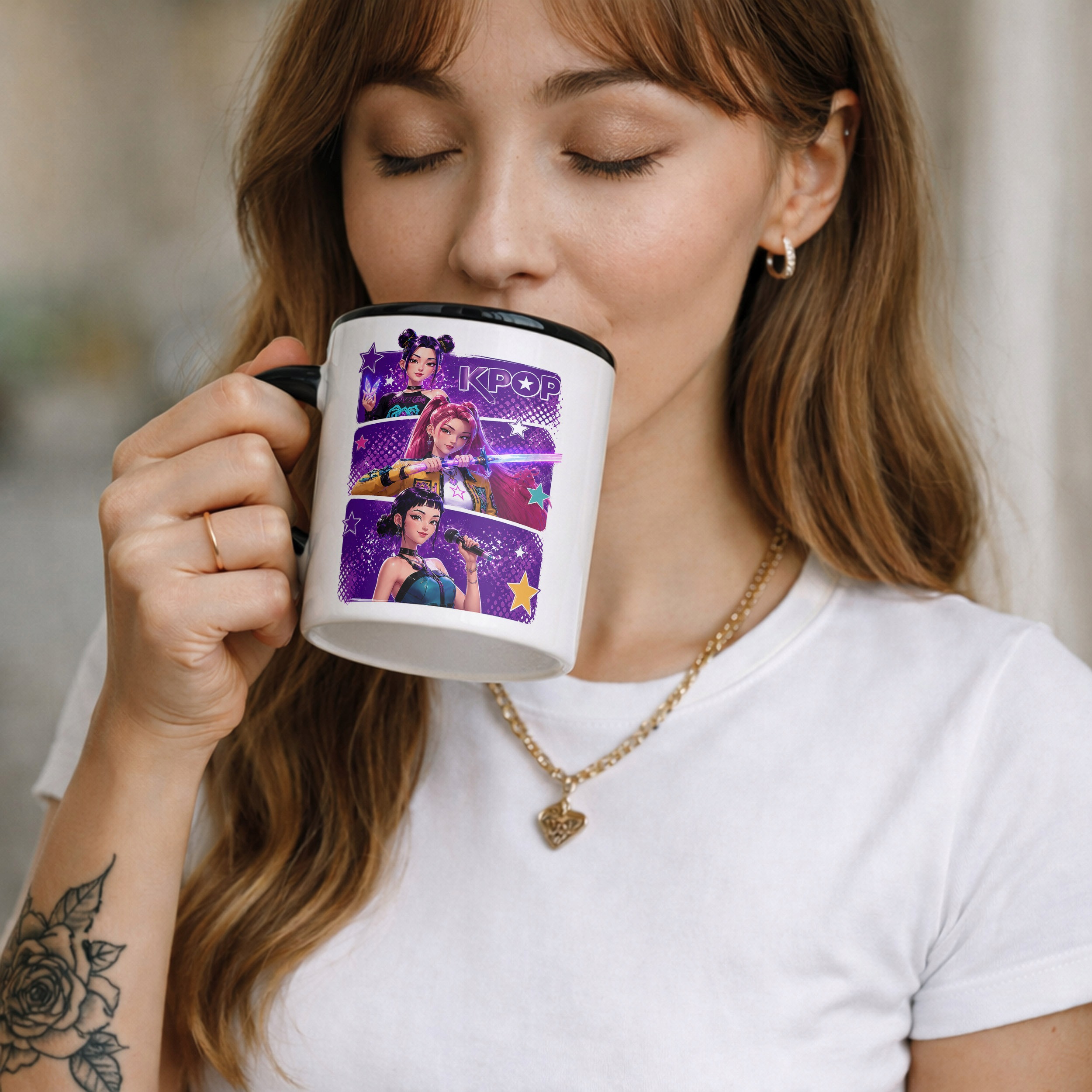 Zestaw Kubek Czarny Poduszka Z Nadrukiem ŁOWCZYNIE KPOP Prezent