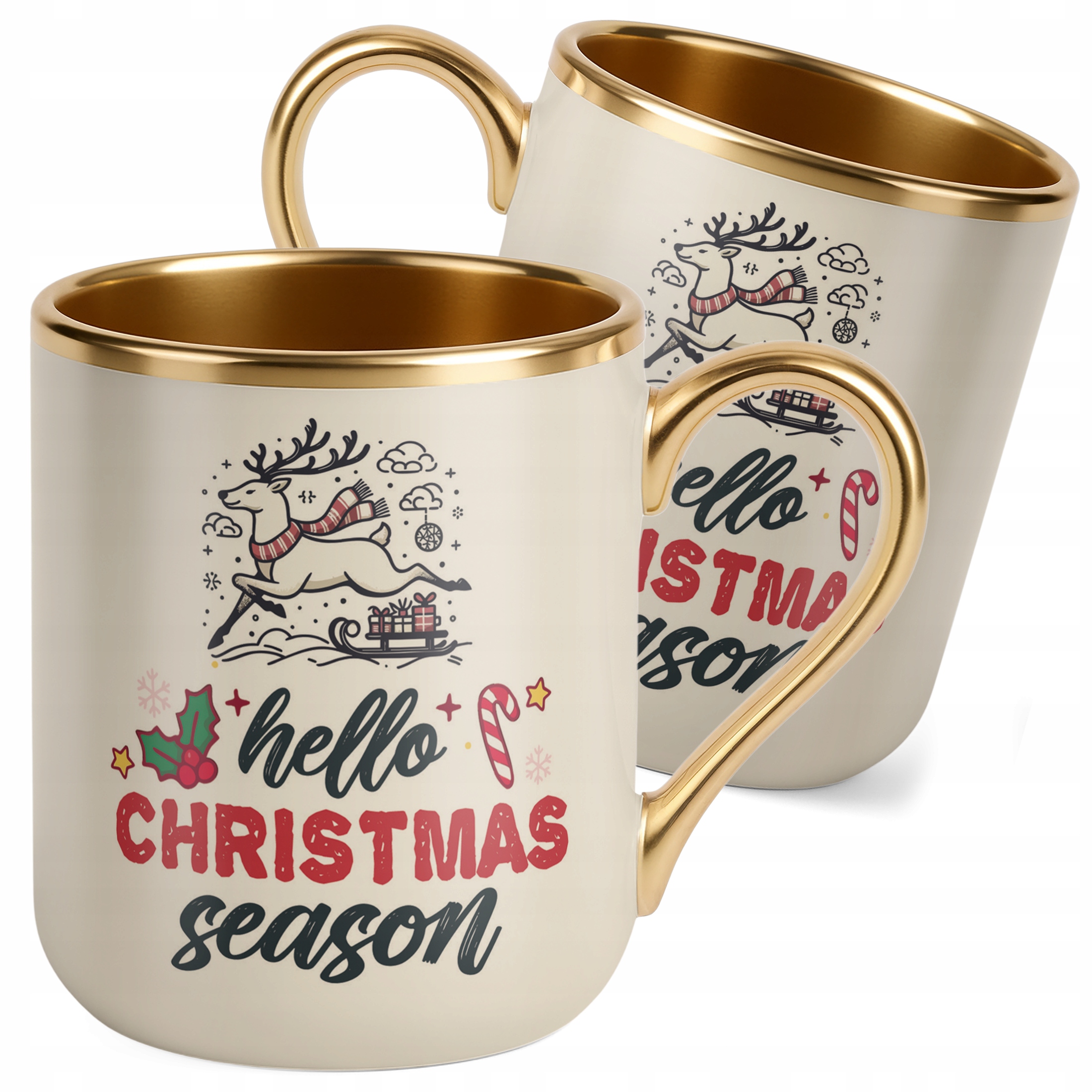 Kubek Premium Złoty Ecru Świąteczny Hello Christmas Boże Narodzenie