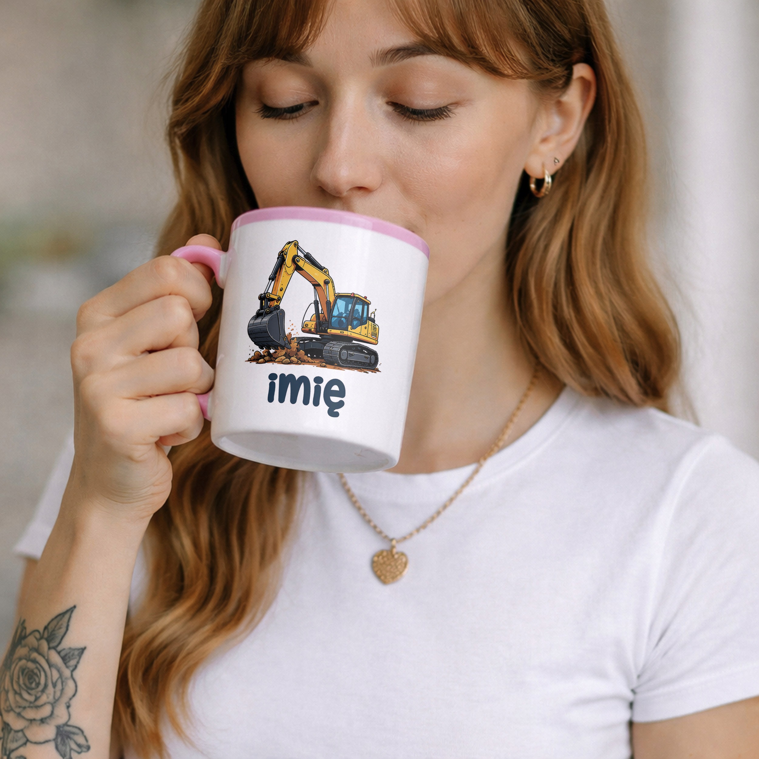 Zestaw Personalizowany Kubek Różowy Poduszka Koparka Prezent